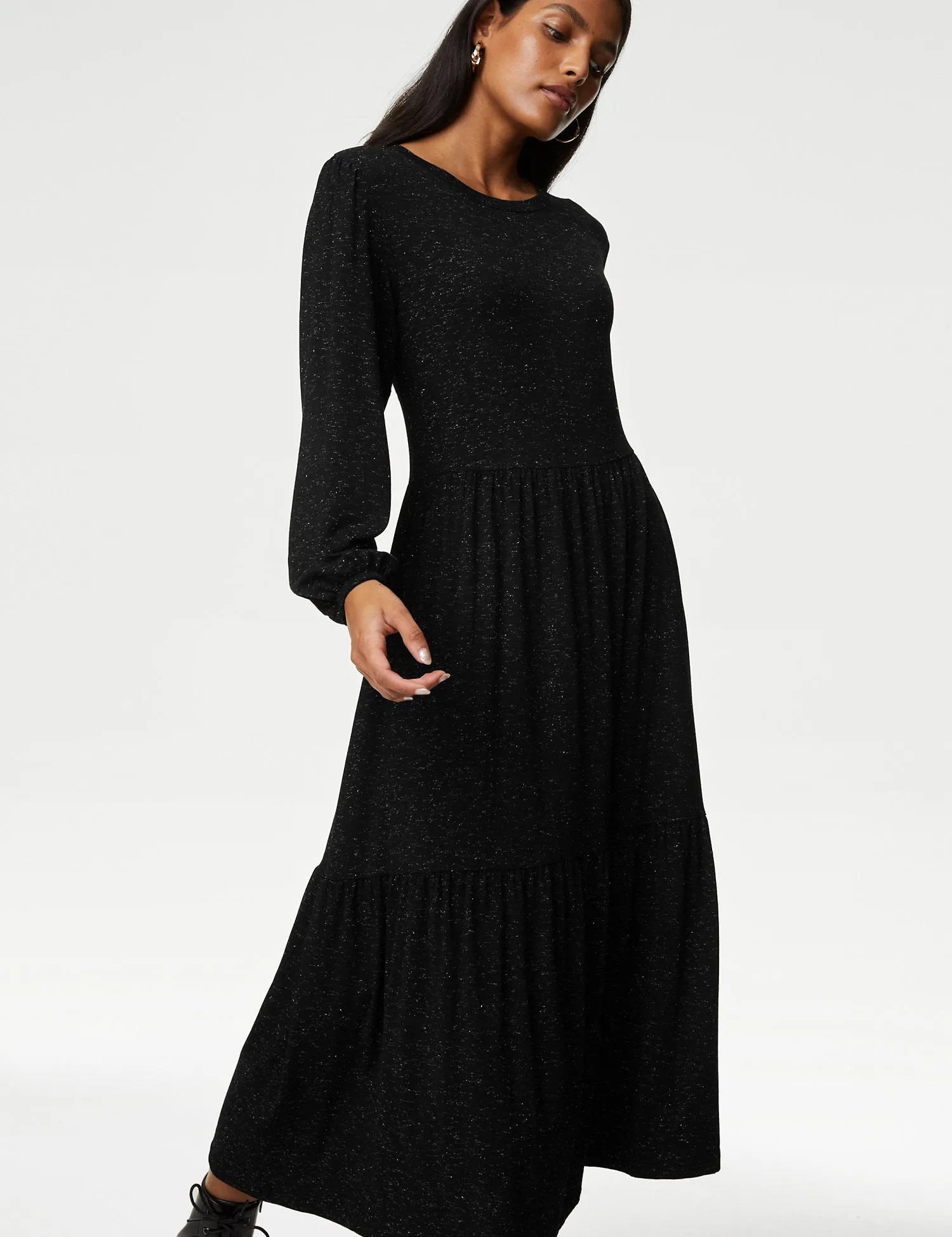 Jersey Sparkly Round Neck Midi Tiered Dress