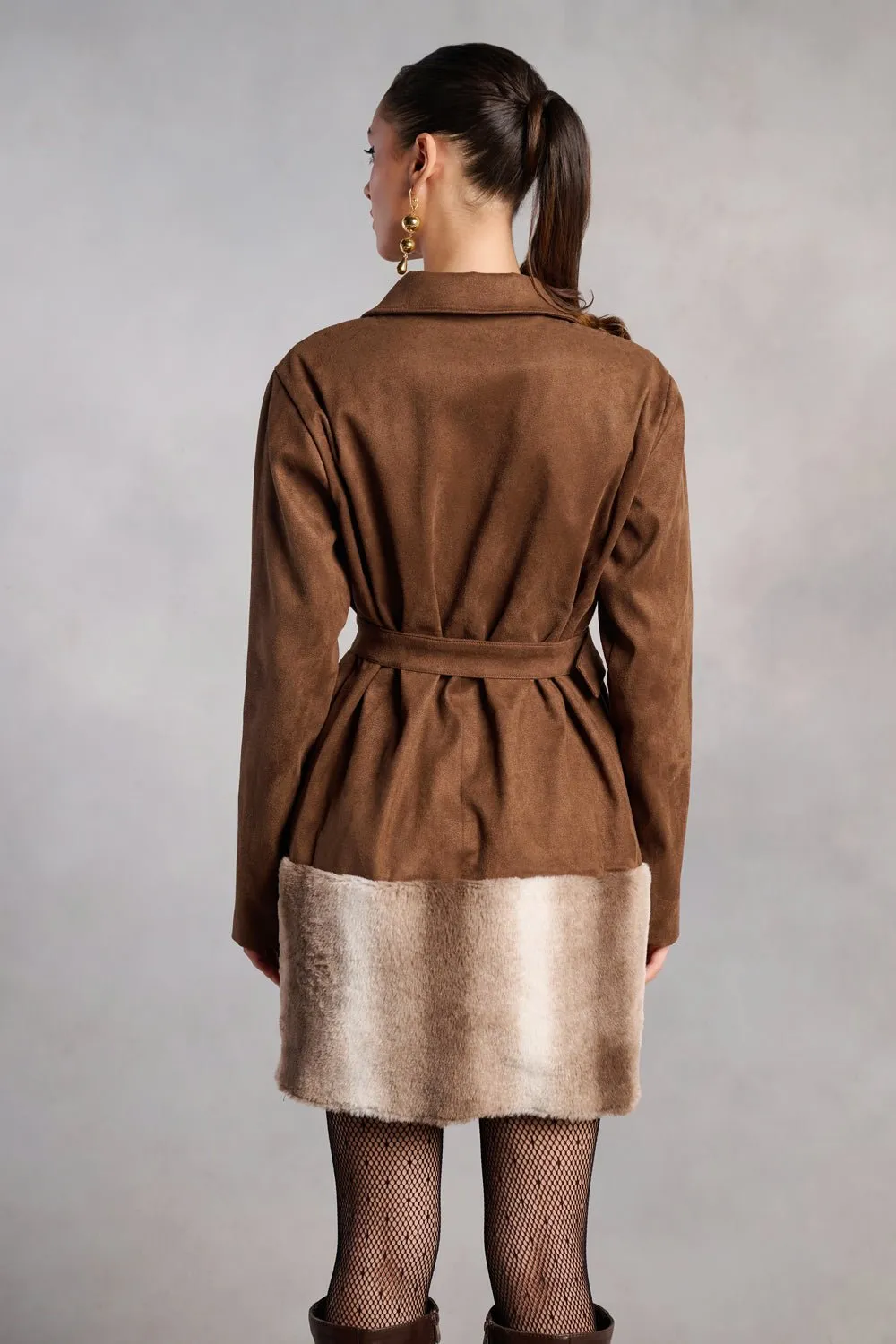 Juliana Brown Suede and Fur Coat Dress