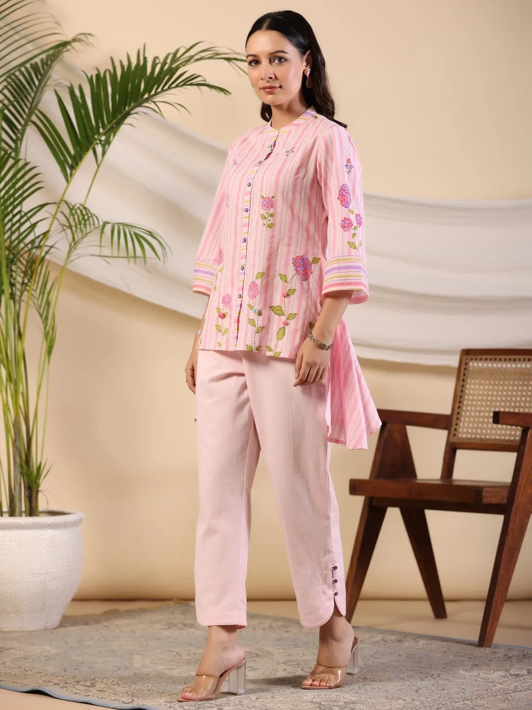 Juniper Pink Floral Printed Pure Cotton Shirt Pant With Scarfs