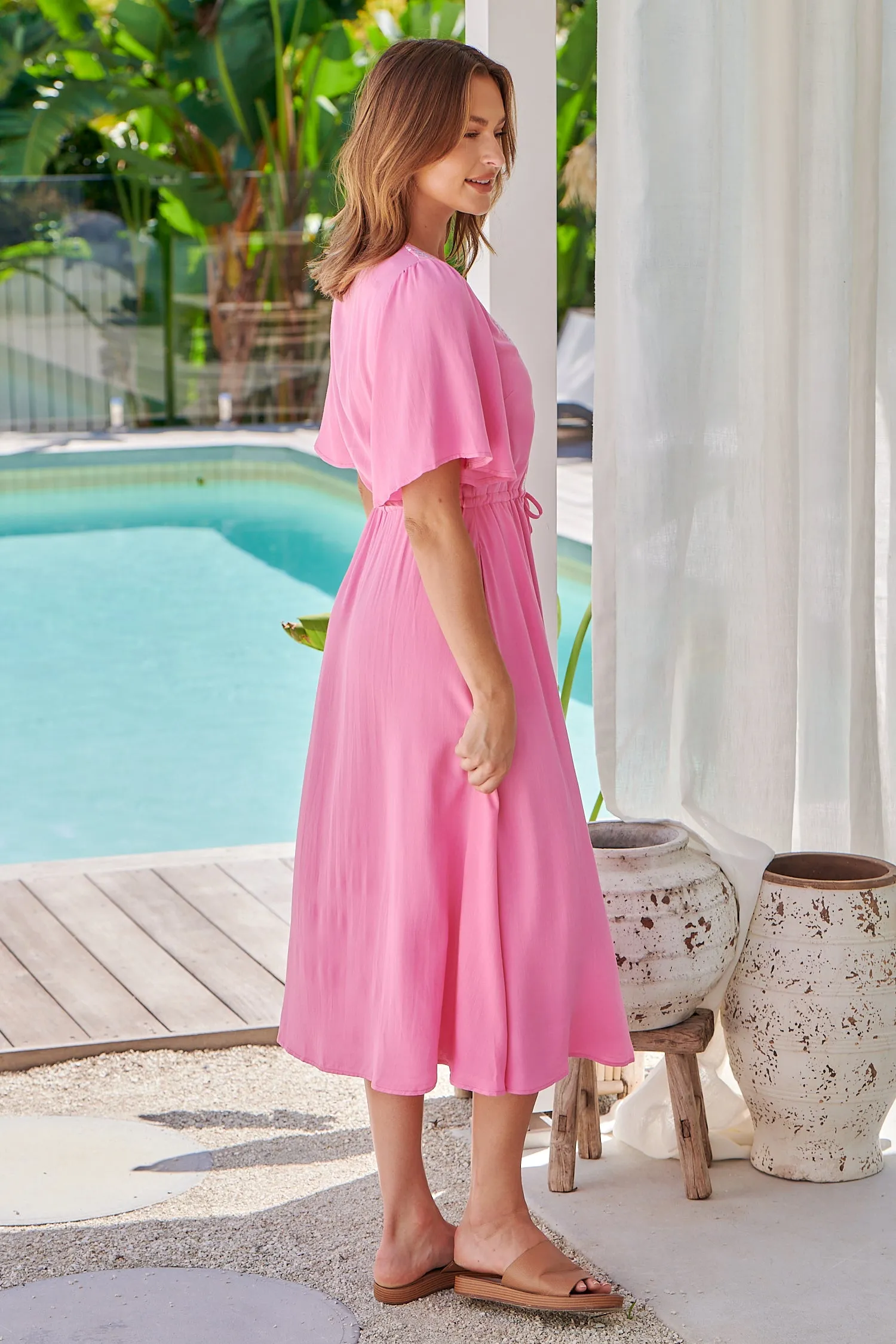 Keira Pink Tie Waist Embroided Maxi Dress