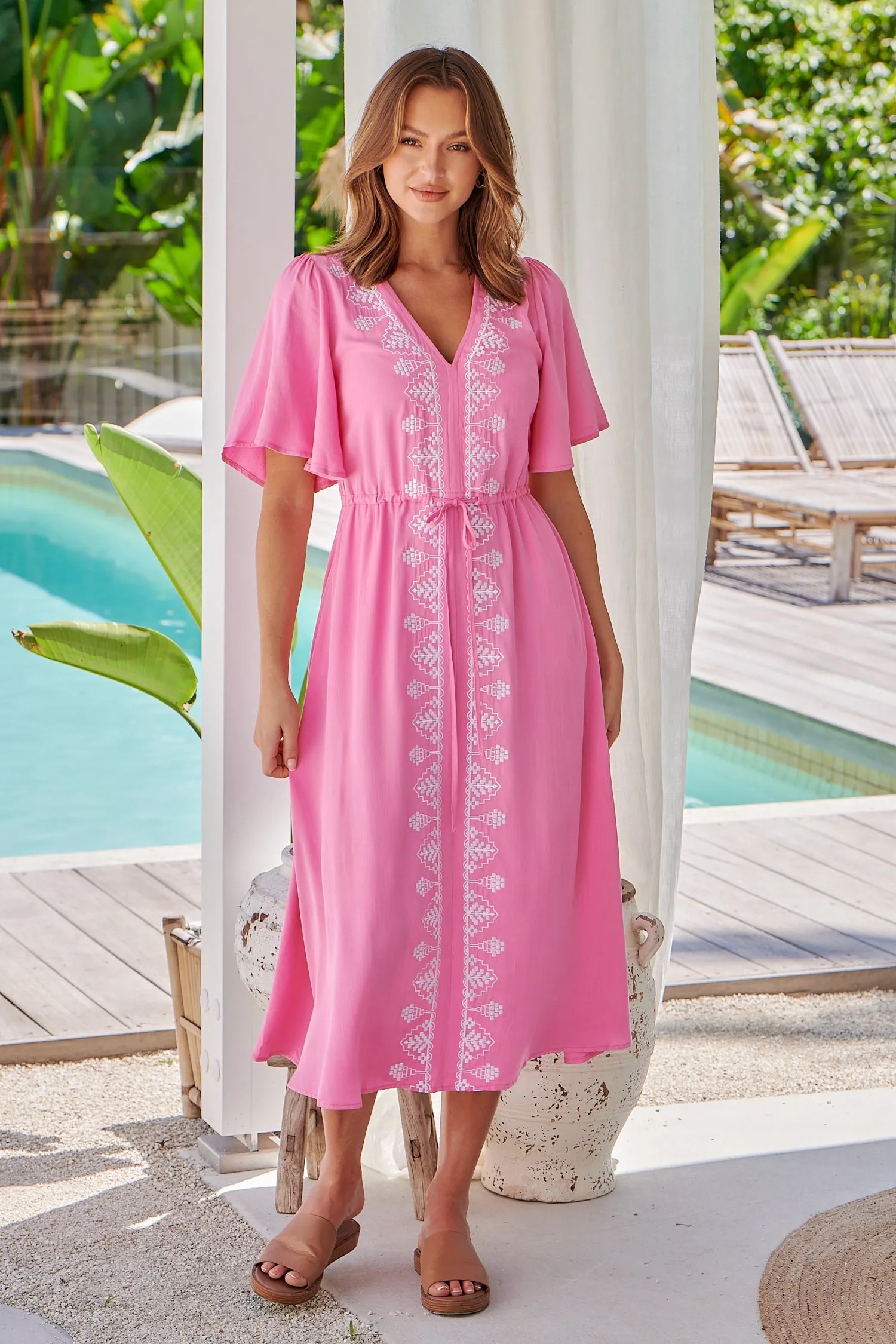 Keira Pink Tie Waist Embroided Maxi Dress