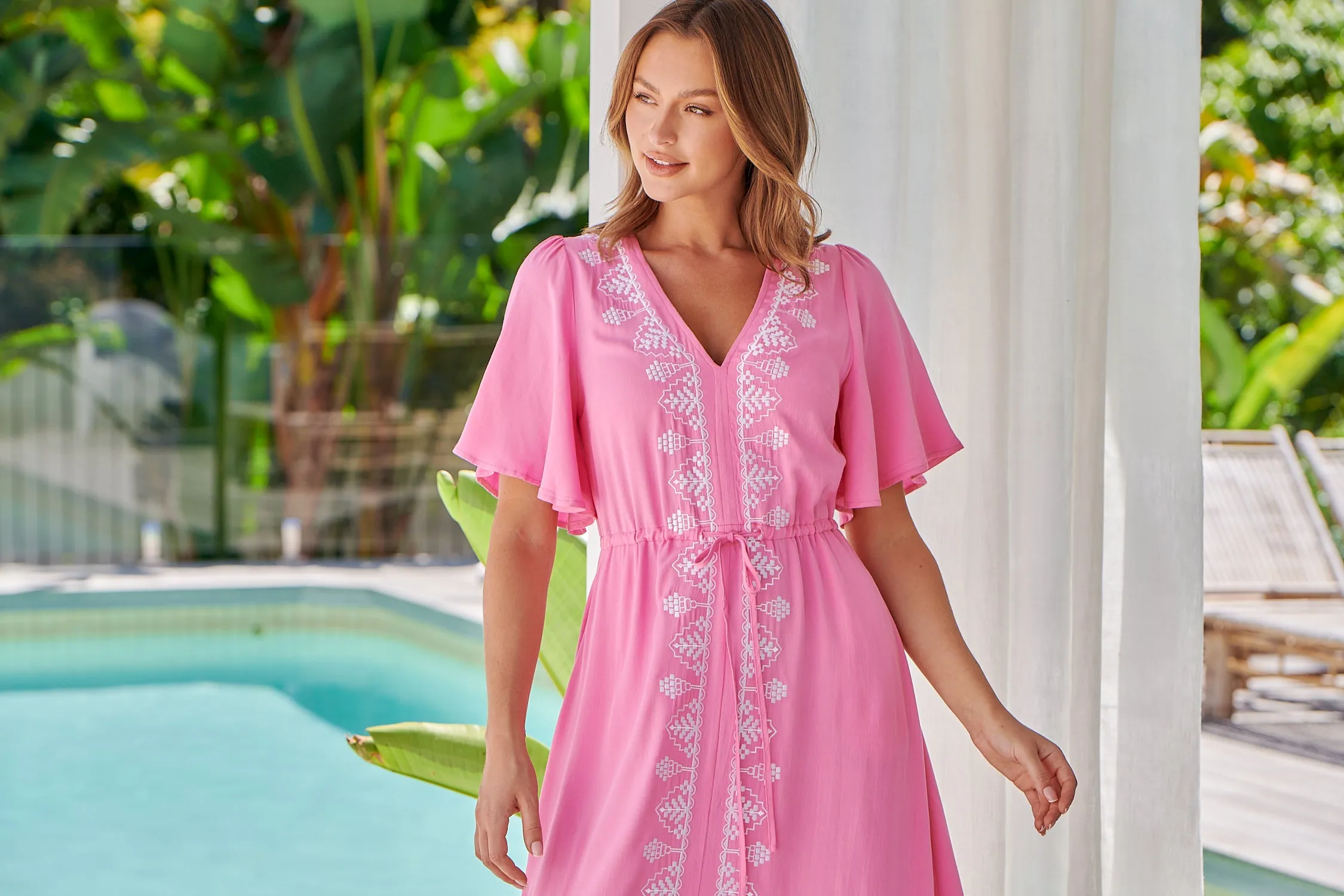 Keira Pink Tie Waist Embroided Maxi Dress