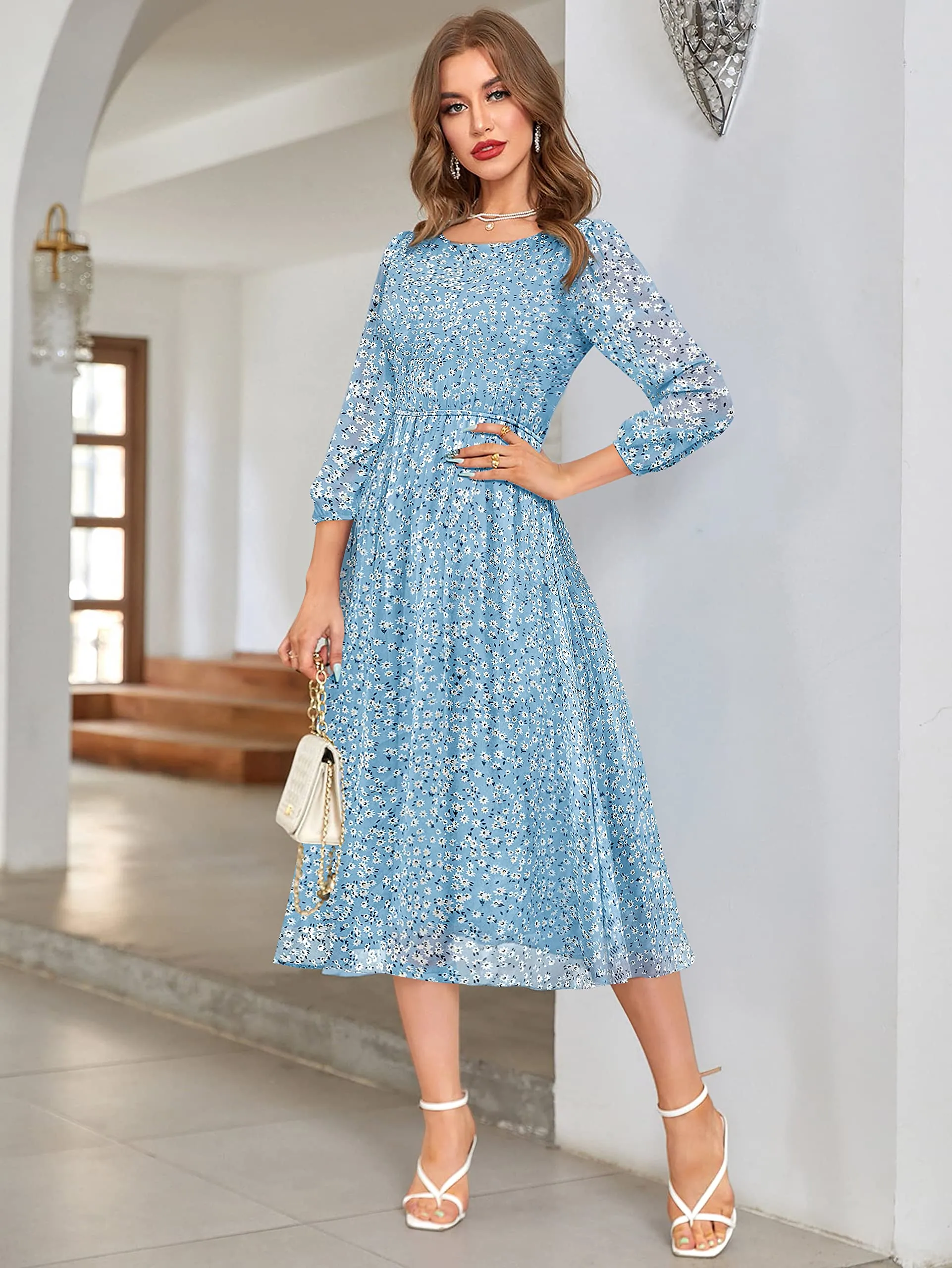 KERI PERRY Women's Sky Blue Georgette Floral Fit & Flared Western Dress | Dress for Women | A line Dress | Winter Dress | Western Dress | Latest Women Dress | Trendy Dress | Midi Dress