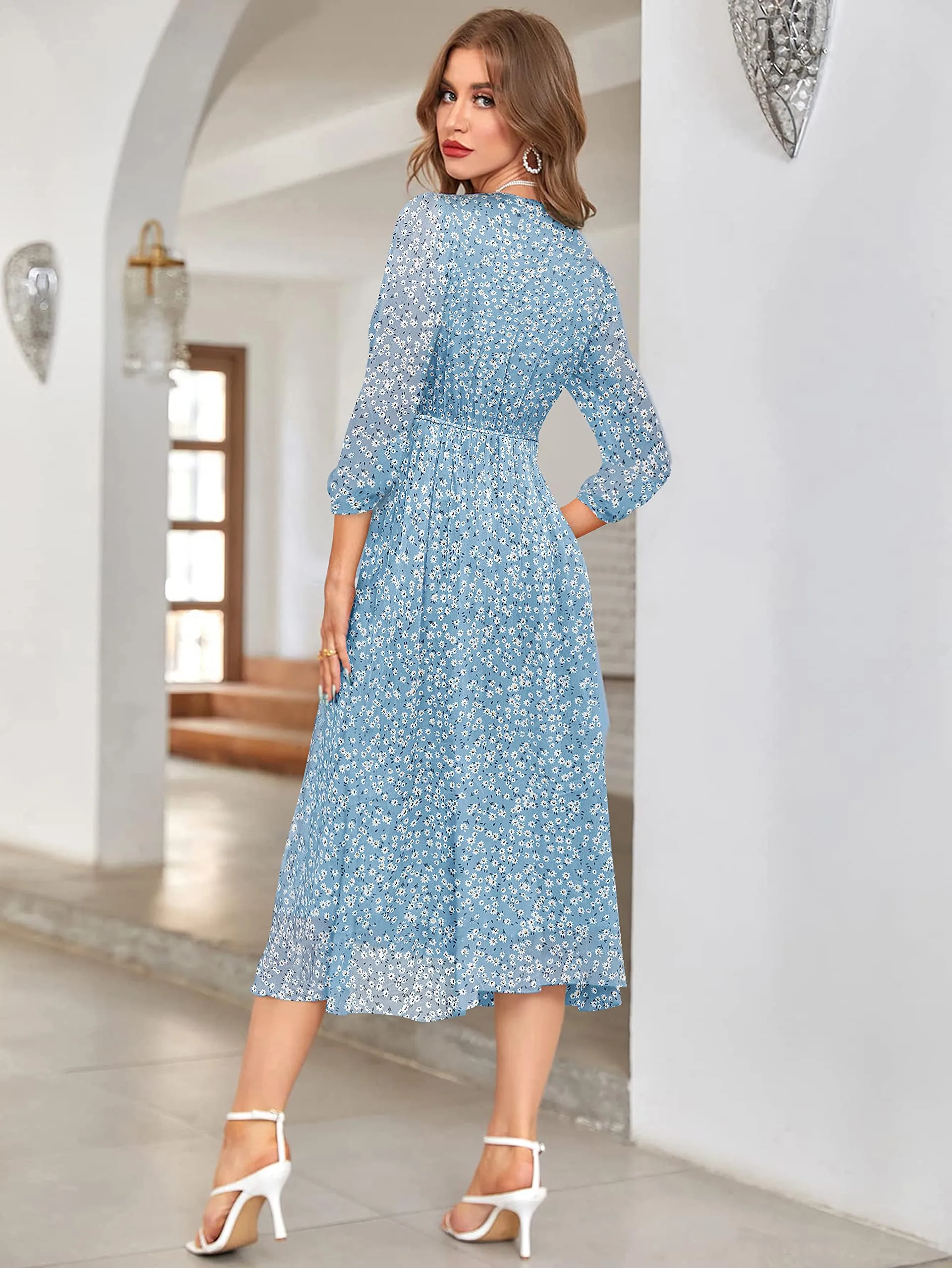 KERI PERRY Women's Sky Blue Georgette Floral Fit & Flared Western Dress | Dress for Women | A line Dress | Winter Dress | Western Dress | Latest Women Dress | Trendy Dress | Midi Dress