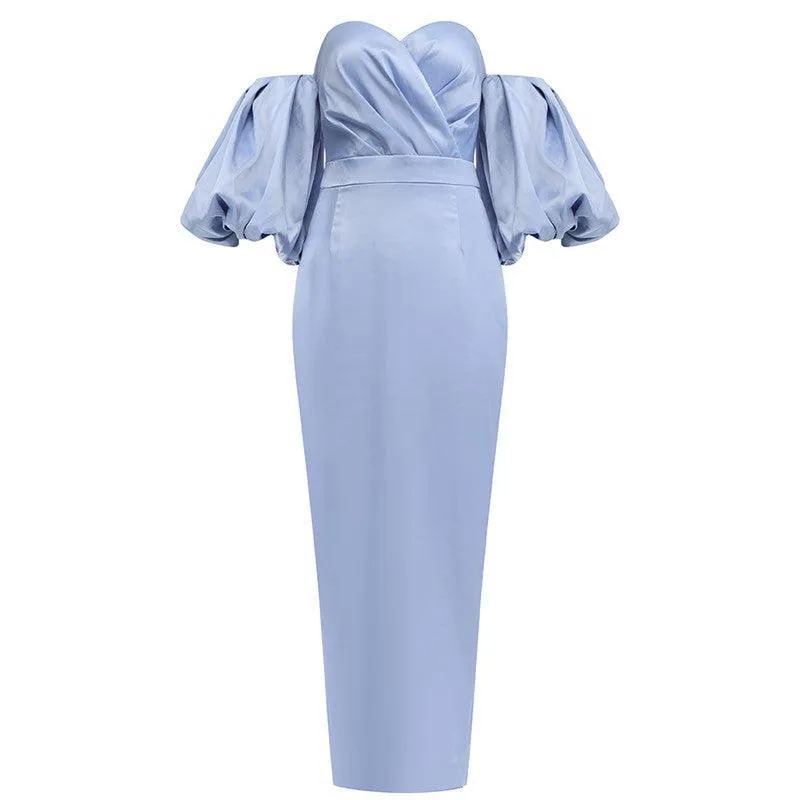 KittenAlarm - Katherine Off Shoulder Puff Sleeves Satin Maxi Dress