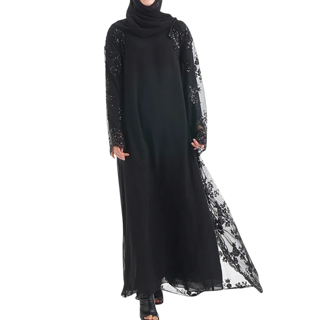 KLV Muslim Dress Women Casual Lace Sequin Maxi Muslim Abaya Dresses Loose Robe Gowns Ramadan Middle East Arab Islamic Clothing