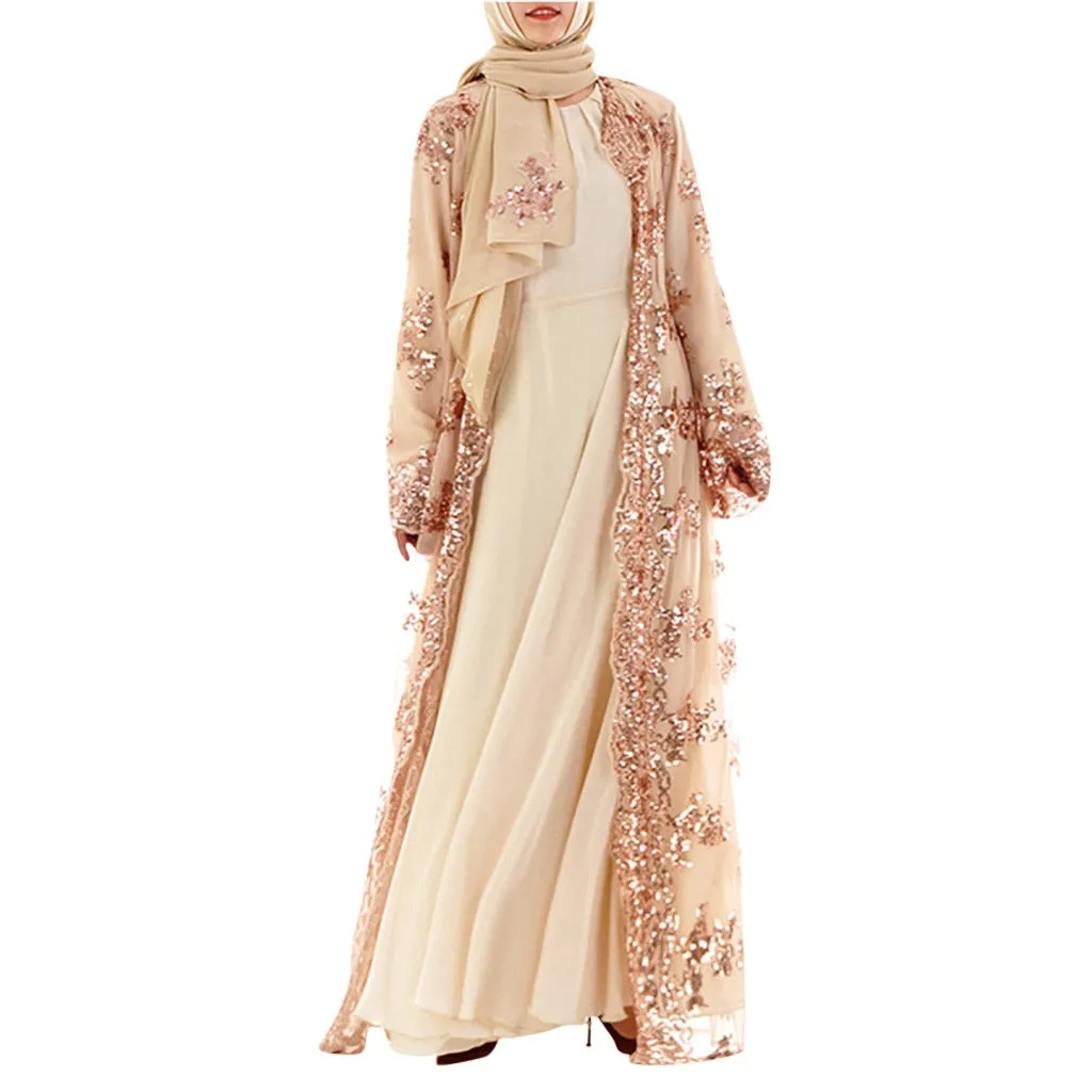 KLV Muslim Dress Women Casual Lace Sequin Maxi Muslim Abaya Dresses Loose Robe Gowns Ramadan Middle East Arab Islamic Clothing