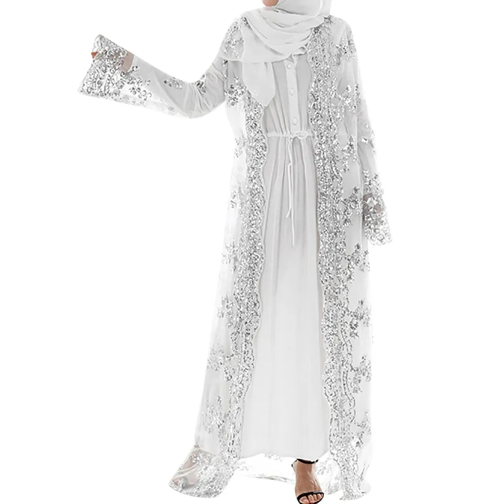 KLV Muslim Dress Women Casual Lace Sequin Maxi Muslim Abaya Dresses Loose Robe Gowns Ramadan Middle East Arab Islamic Clothing