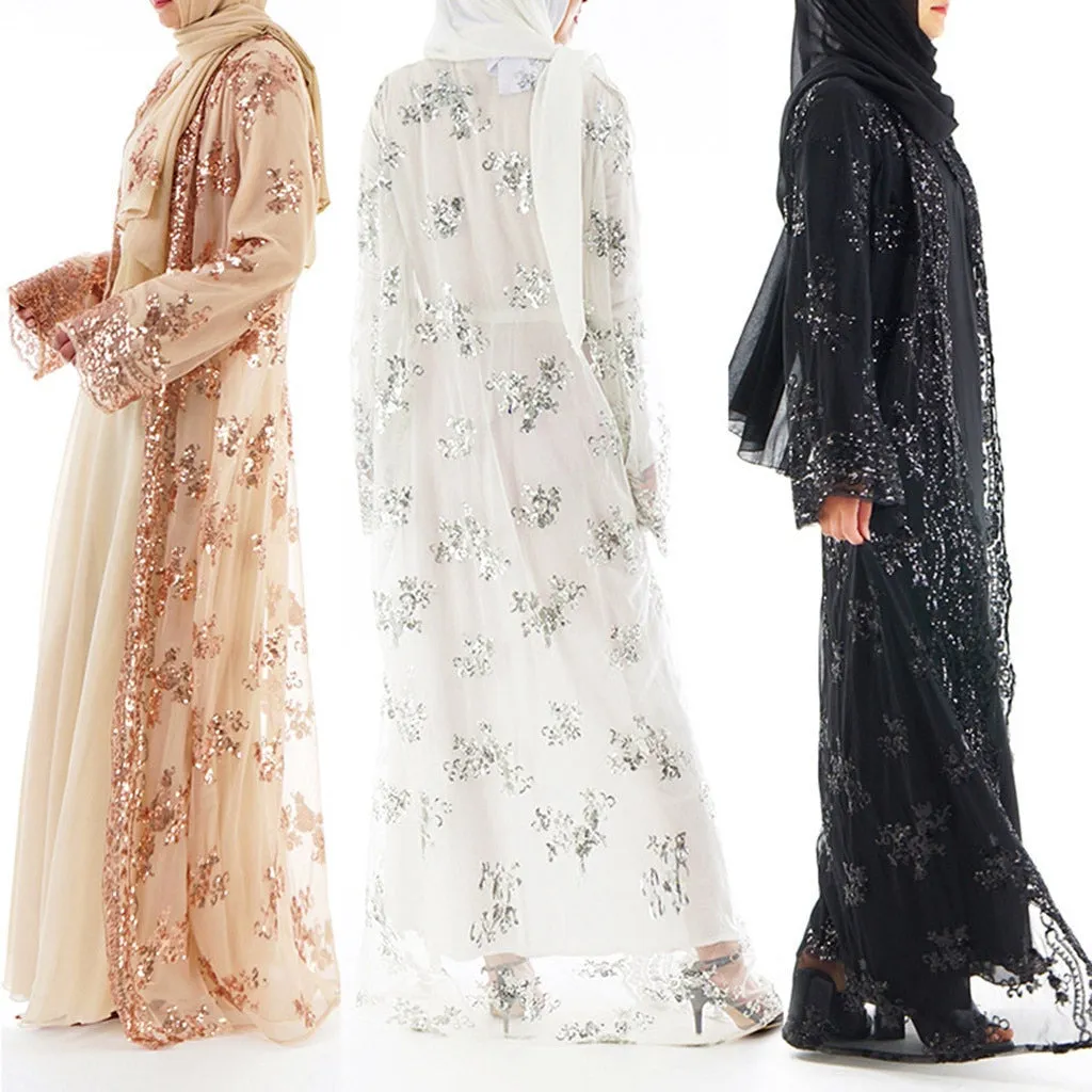 KLV Muslim Dress Women Casual Lace Sequin Maxi Muslim Abaya Dresses Loose Robe Gowns Ramadan Middle East Arab Islamic Clothing