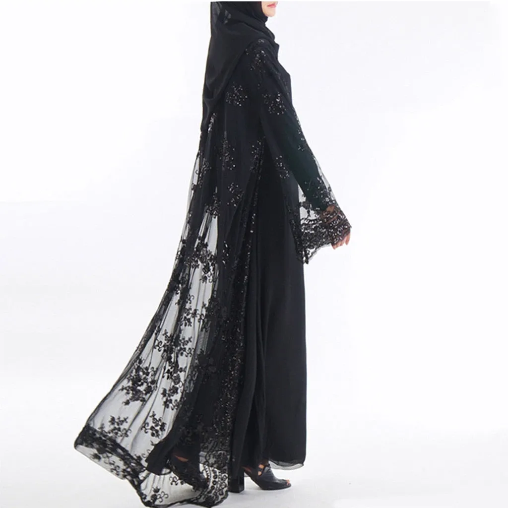 KLV Muslim Dress Women Casual Lace Sequin Maxi Muslim Abaya Dresses Loose Robe Gowns Ramadan Middle East Arab Islamic Clothing