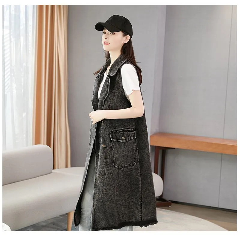 Knee-Length Versatile Worn-Out Look Loose Fit Denim Coat