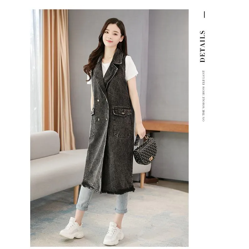 Knee-Length Versatile Worn-Out Look Loose Fit Denim Coat