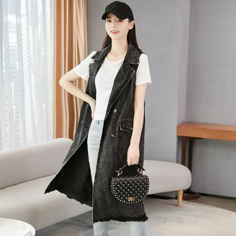 Knee-Length Versatile Worn-Out Look Loose Fit Denim Coat