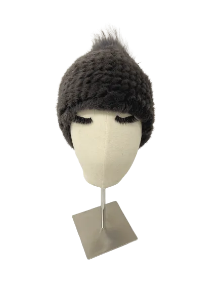 KNITTED MINK BEANIE GREY