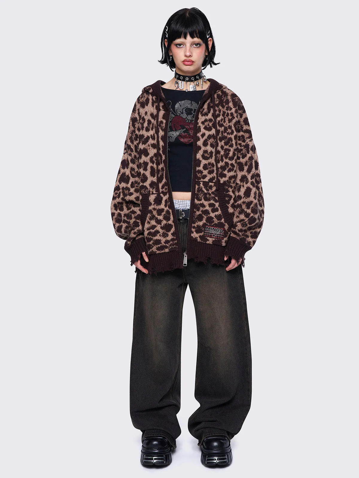 Leopard Knitted Zip-Up Hoodie