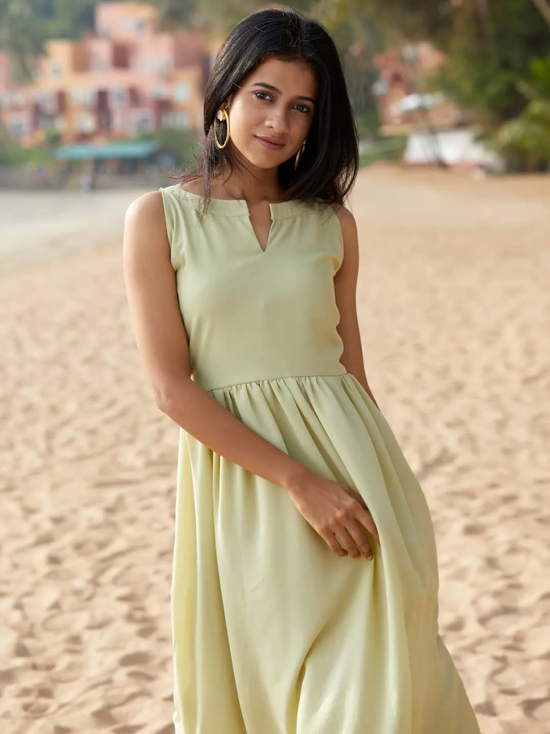 Light Green Cut Work Bubble Georgette Flared Midi Dress