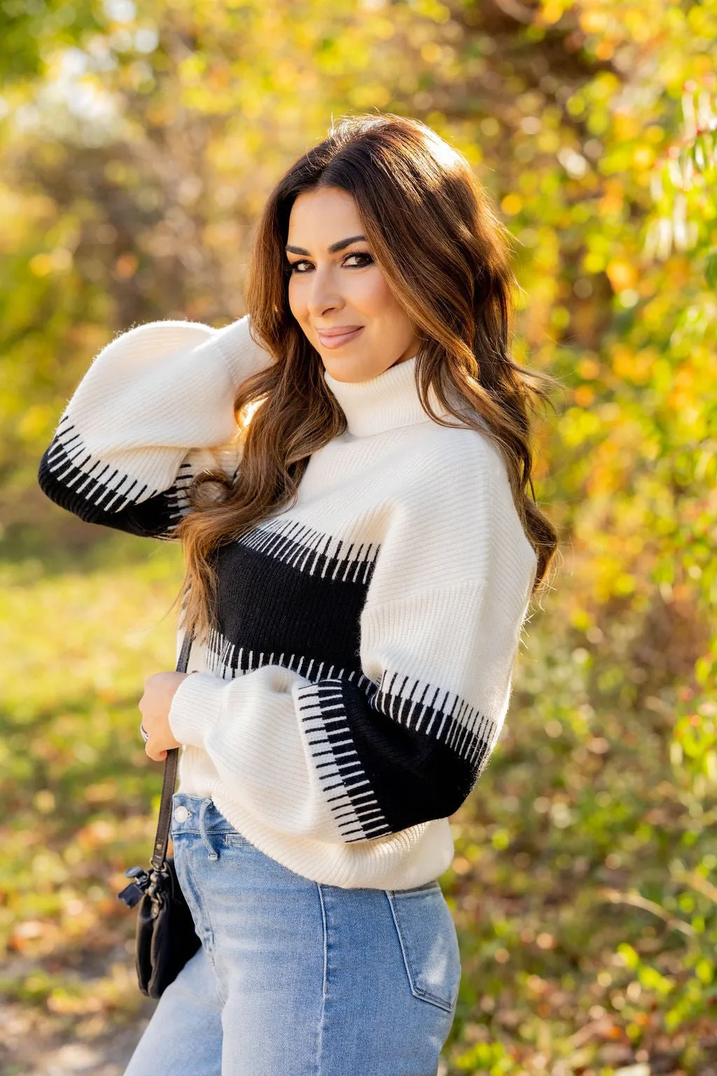 Lined Stripe Relaxed Sleeve Turtleneck Sweater