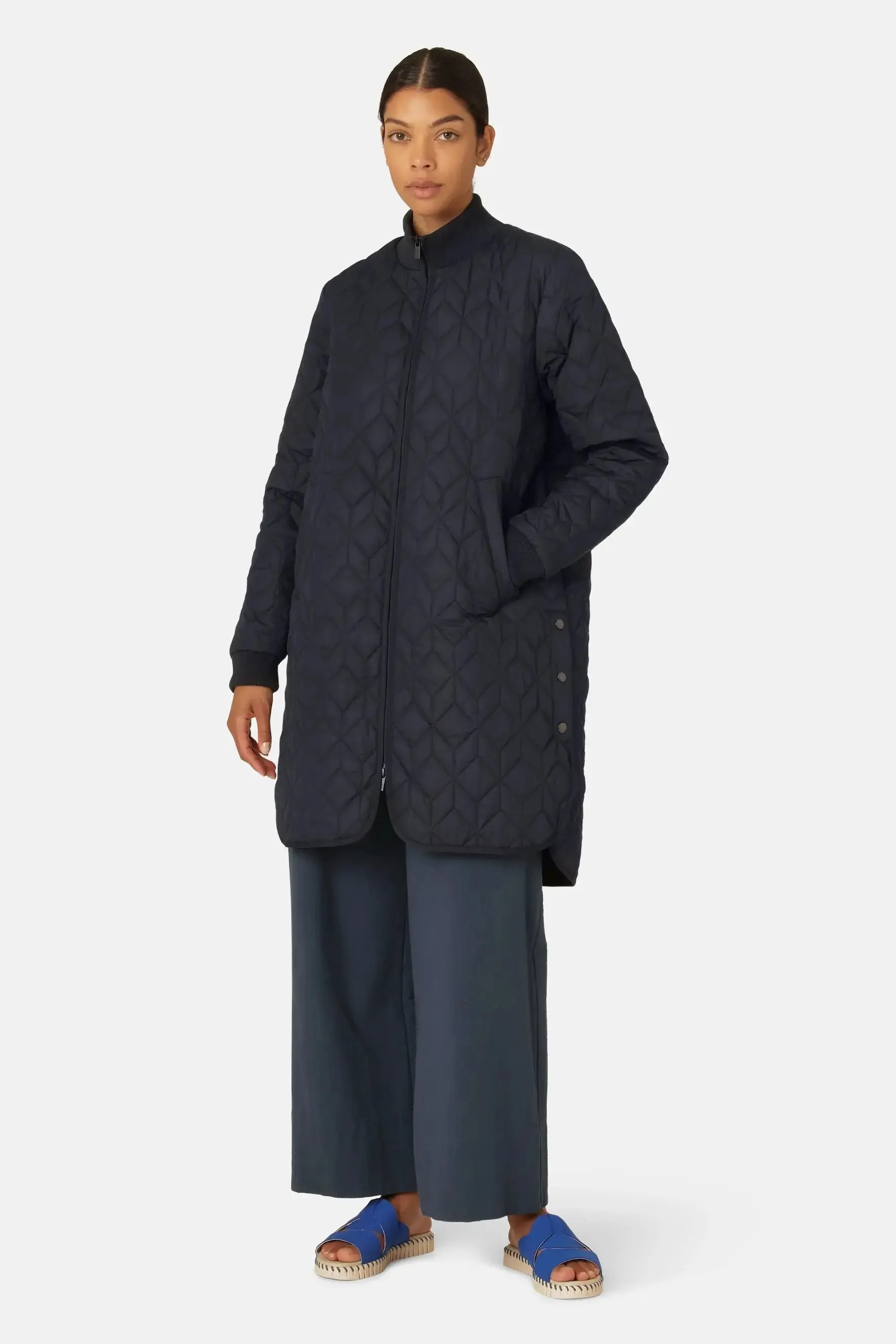 LONG QUILT COAT DARK INDIGO