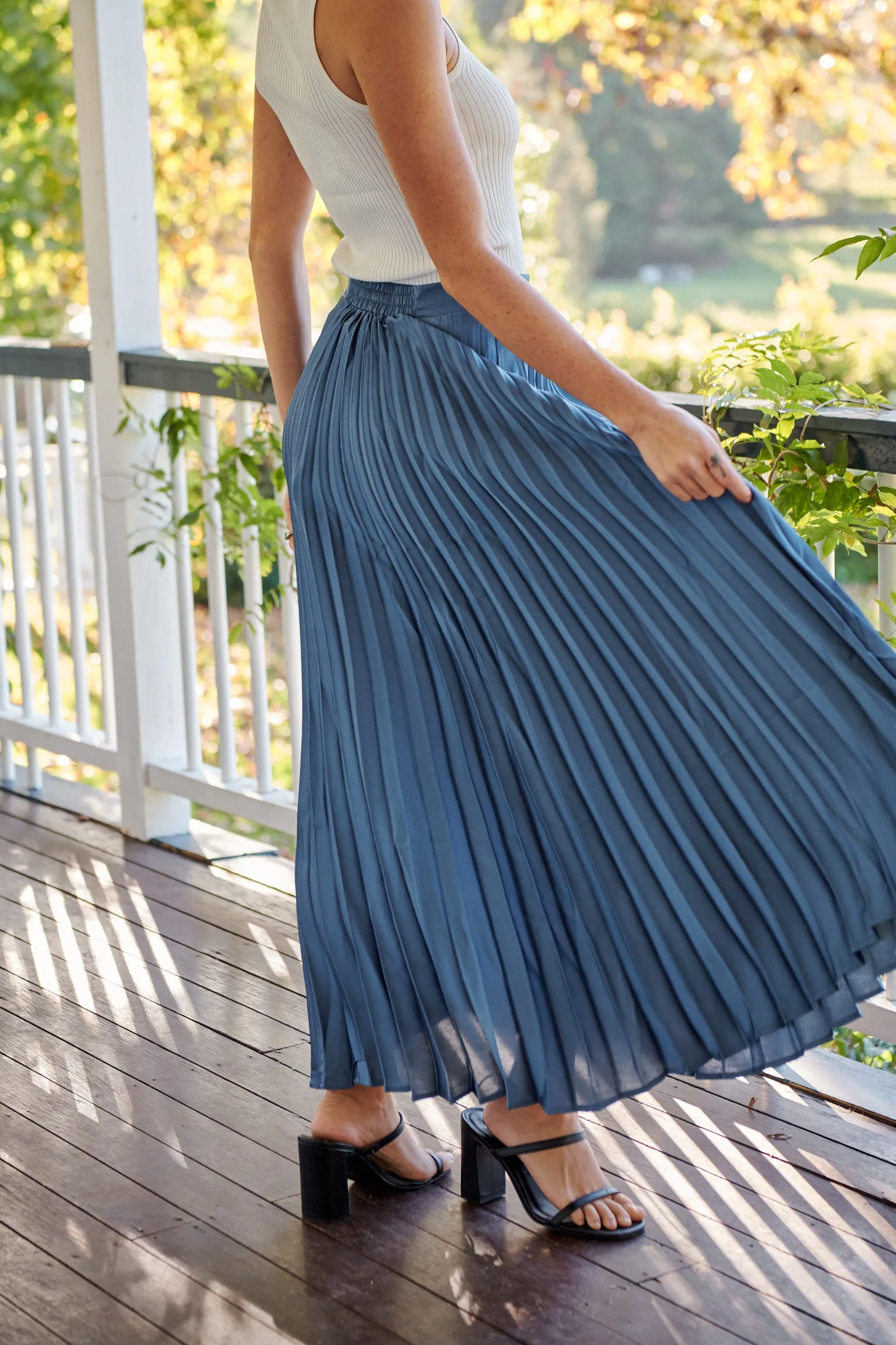 Lucy Pleated Blue Satin Skirt