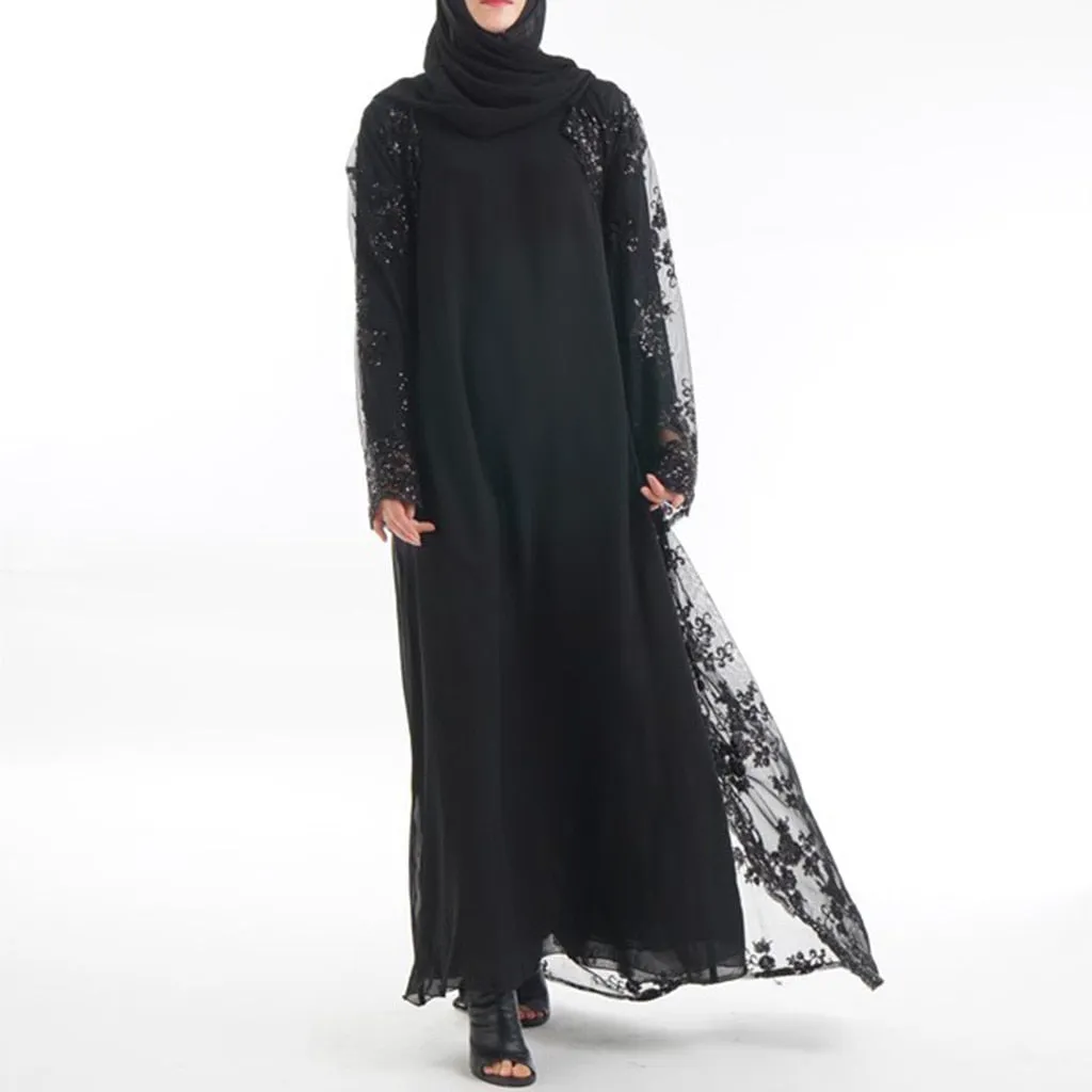 Luxury High Class Sequins Muslim Dress Embroidery Women Lace Sequin Cardigan Maxi Dress Kimono Open Abaya Robe Kaftan Dubai 3.29