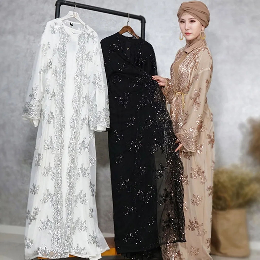 Luxury High Class Sequins Muslim Dress Embroidery Women Lace Sequin Cardigan Maxi Dress Kimono Open Abaya Robe Kaftan Dubai 3.29