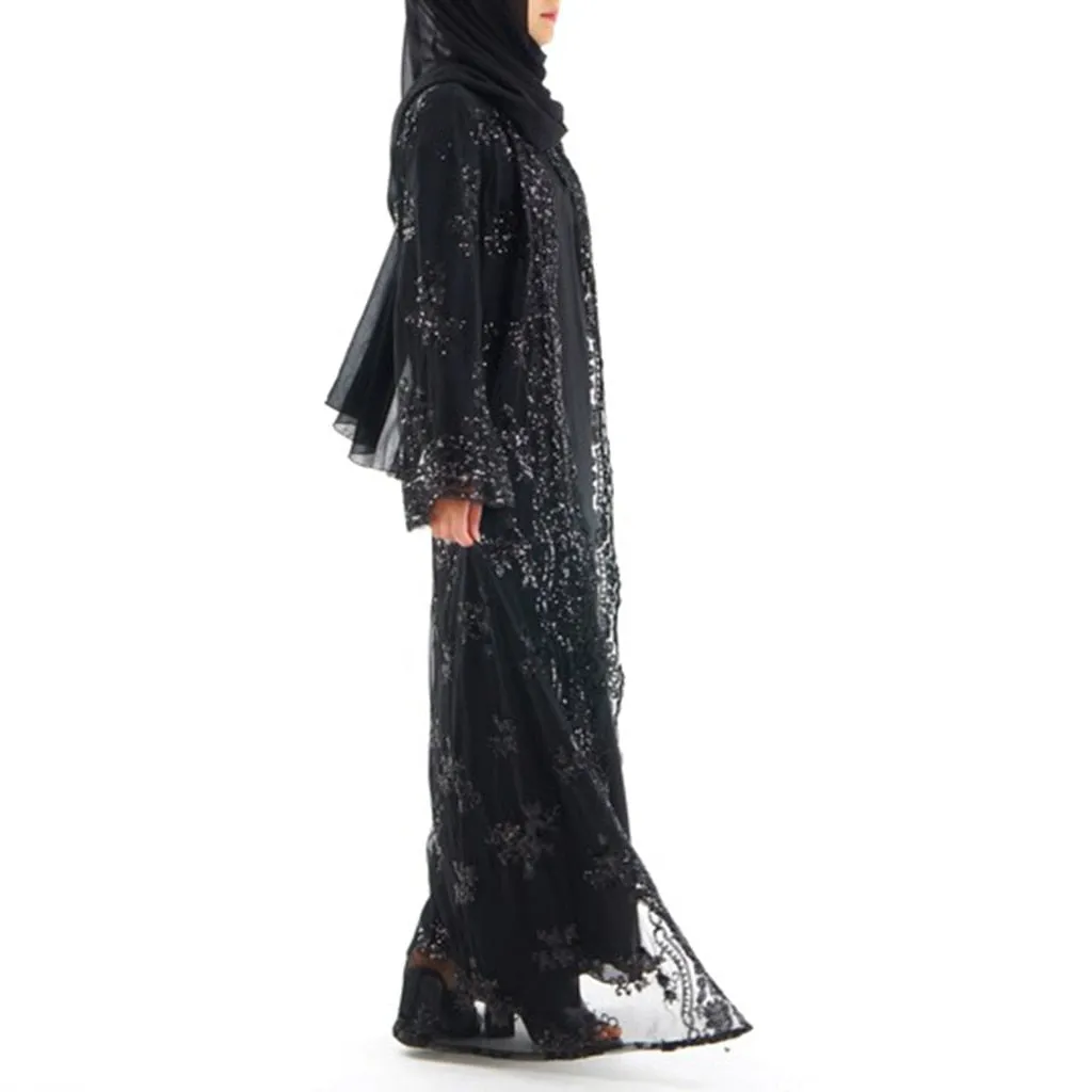 Luxury High Class Sequins Muslim Dress Embroidery Women Lace Sequin Cardigan Maxi Dress Kimono Open Abaya Robe Kaftan Dubai 3.29