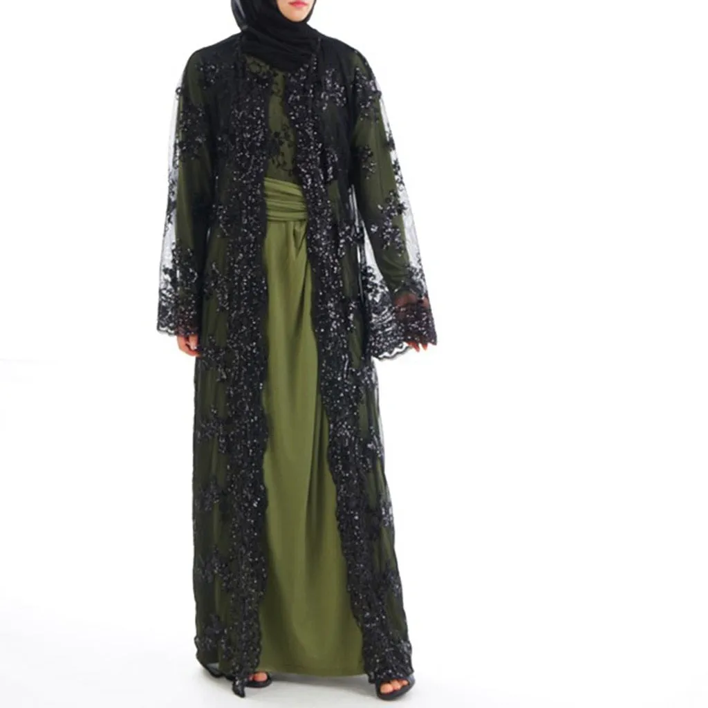 Luxury High Class Sequins Muslim Dress Embroidery Women Lace Sequin Cardigan Maxi Dress Kimono Open Abaya Robe Kaftan Dubai 3.29