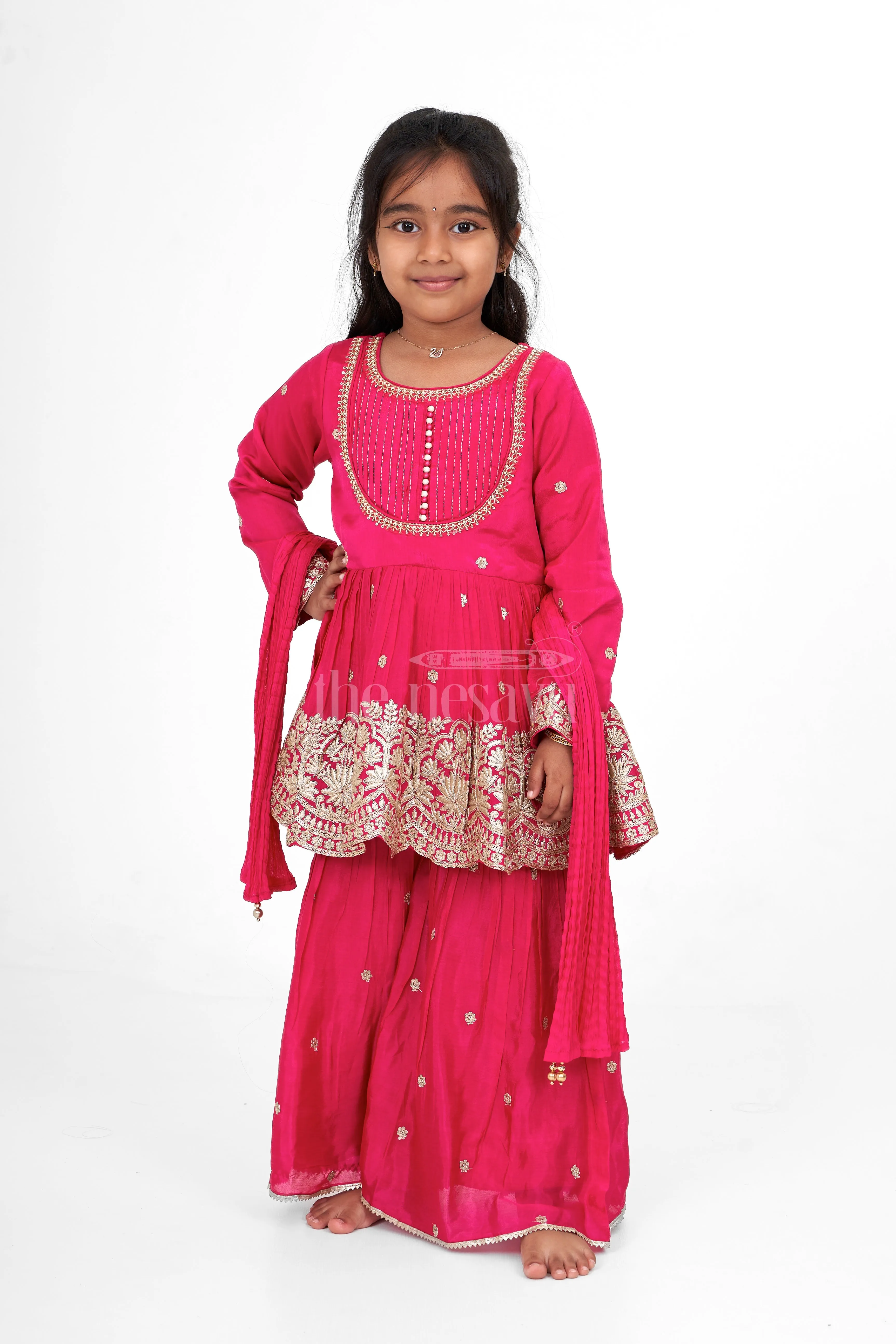 Magenta Sharara Set for Girls with Embroidered Long Tunic and Pleated Pants