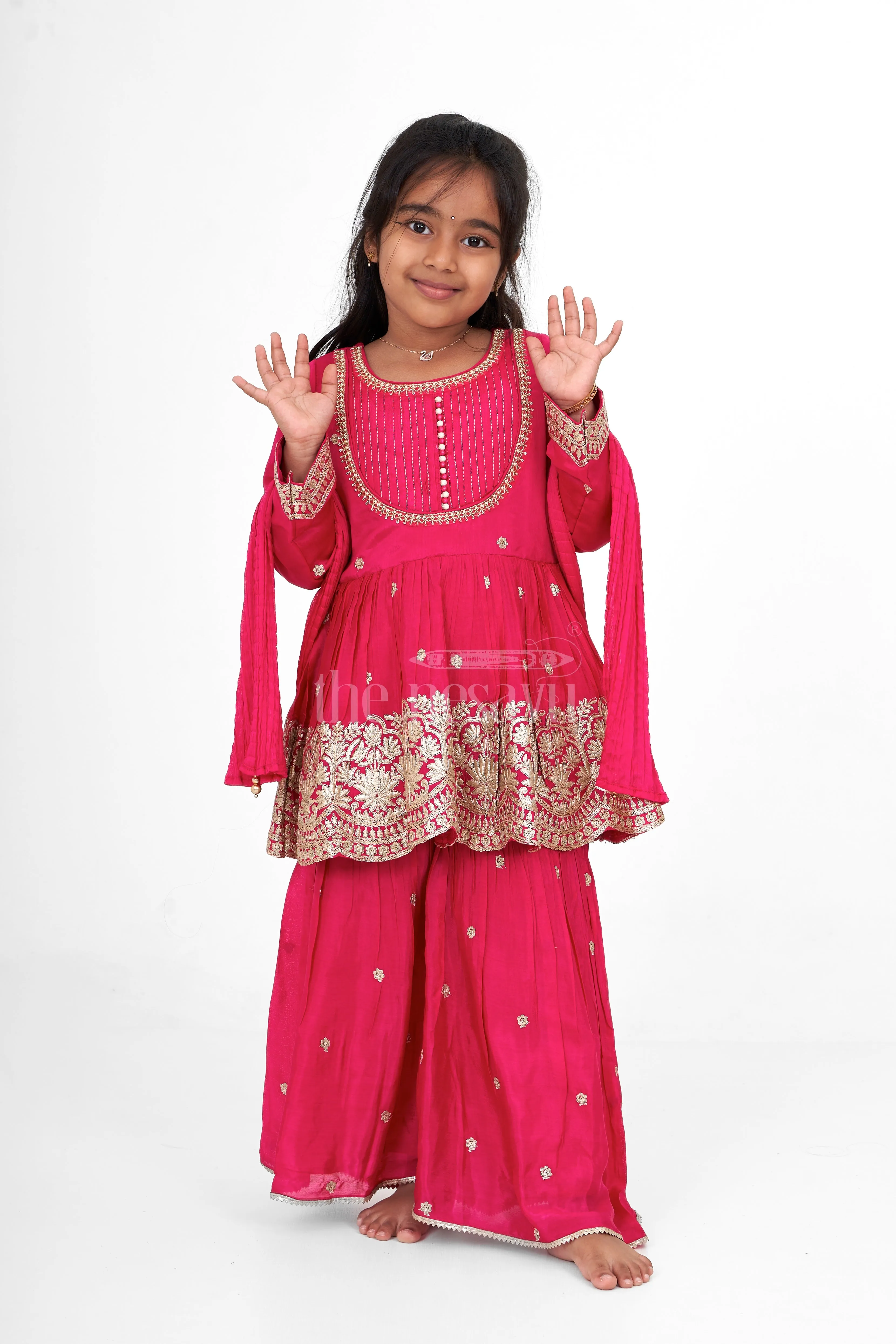 Magenta Sharara Set for Girls with Embroidered Long Tunic and Pleated Pants