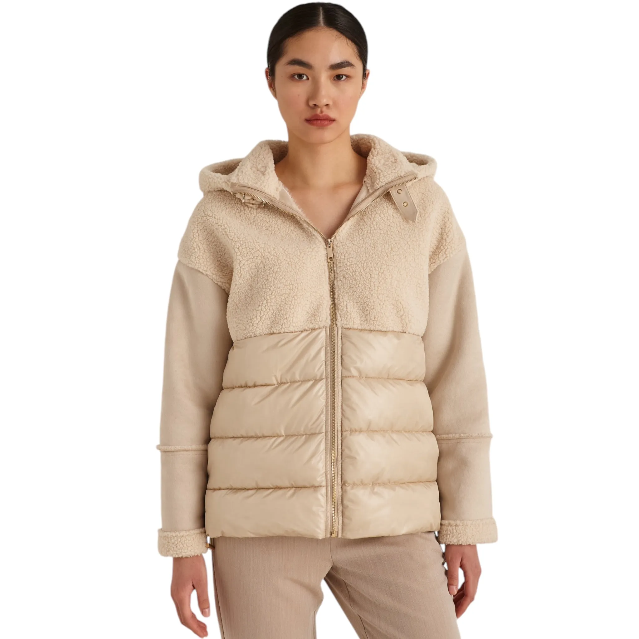 Marina V Short Faux Fur Trim Coat Beige