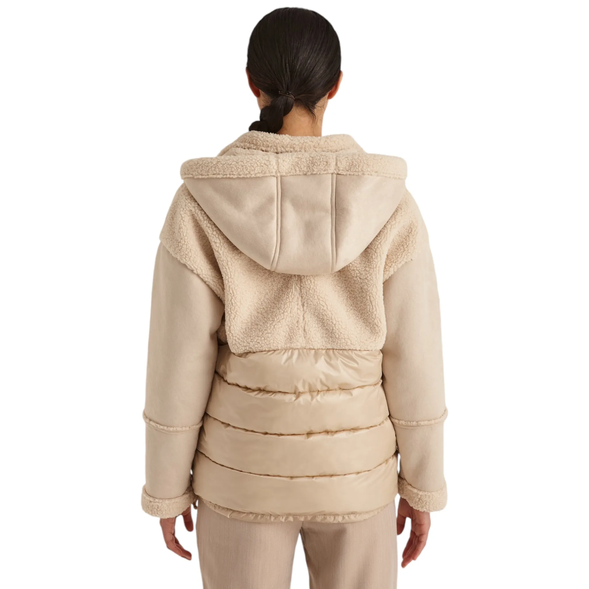 Marina V Short Faux Fur Trim Coat Beige