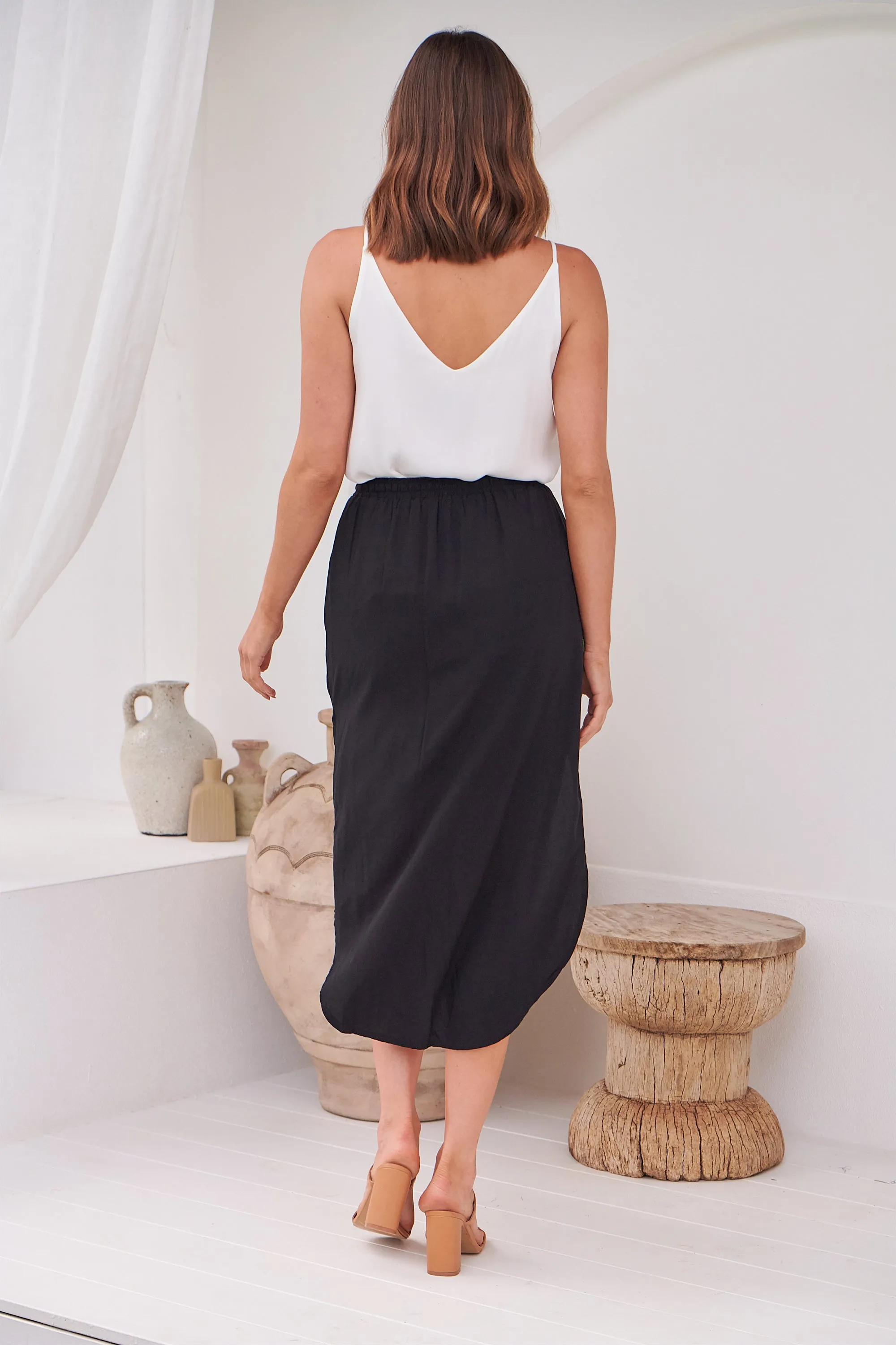 Maris Black Tie Waist Midi Side Split Skirt