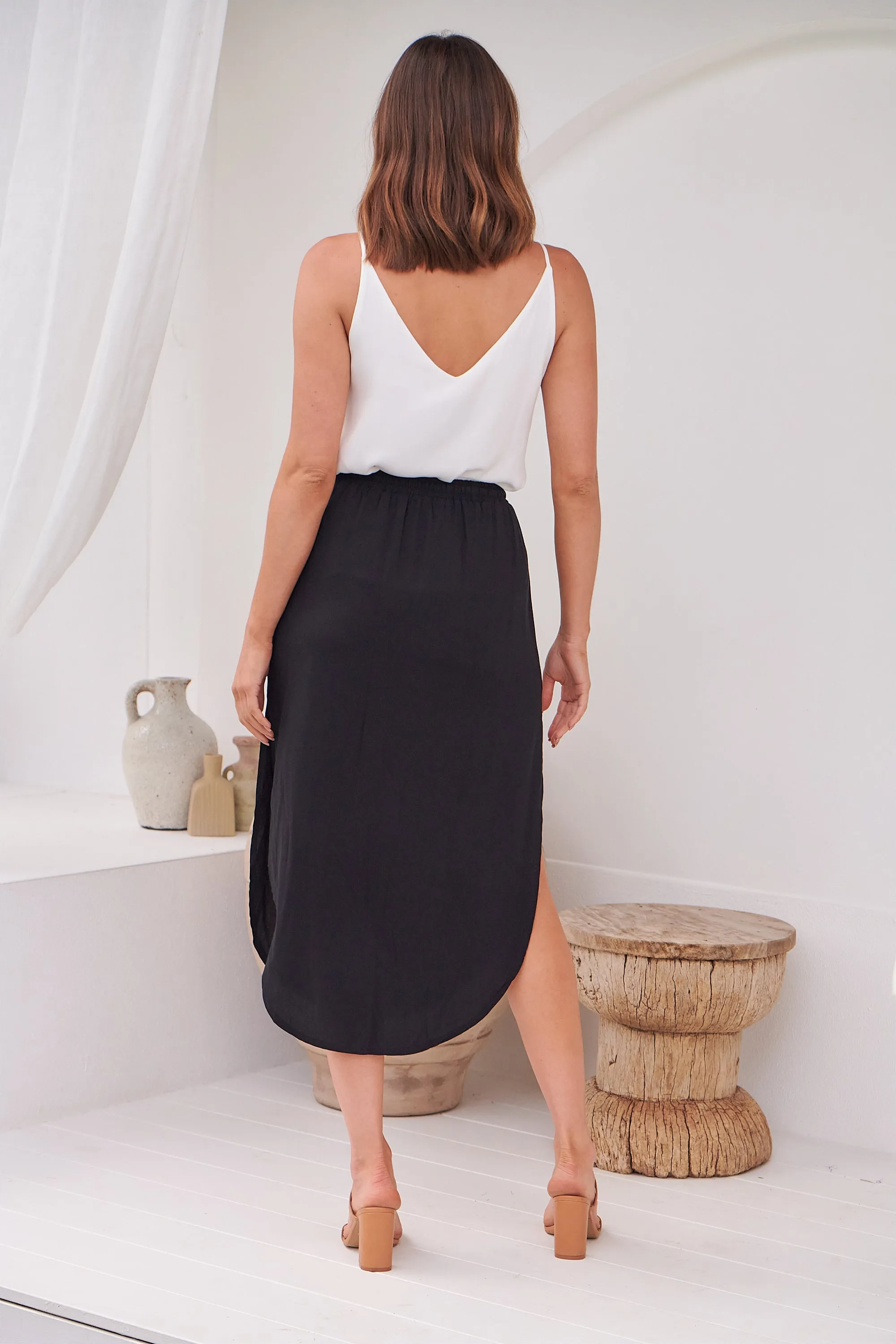 Maris Black Tie Waist Midi Side Split Skirt