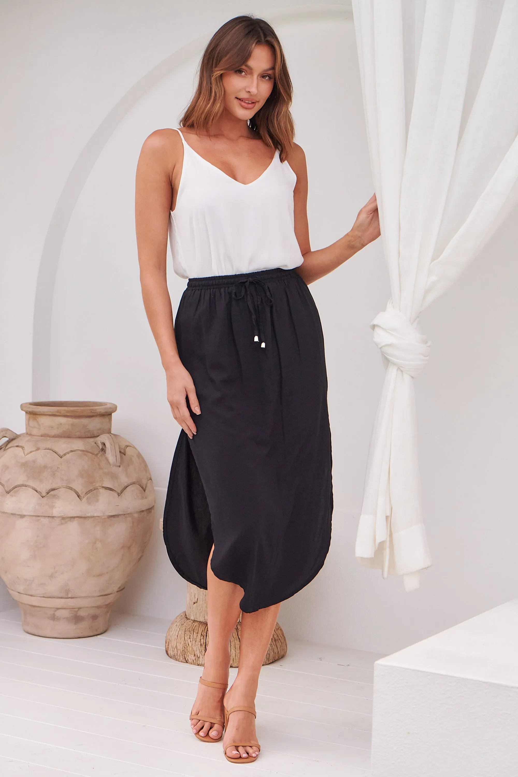 Maris Black Tie Waist Midi Side Split Skirt