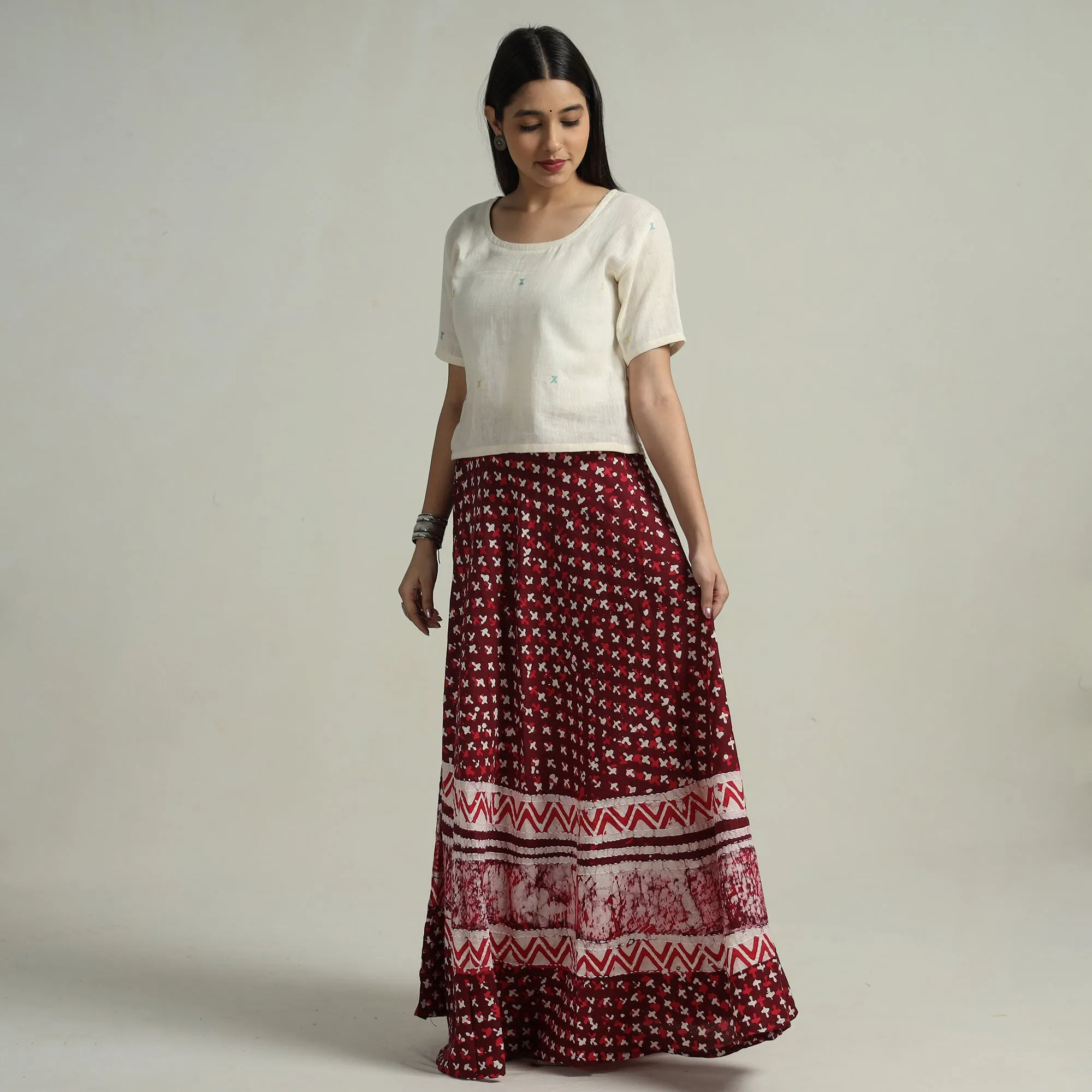 Maroon - Hand Batik Printed Running Stitch Cotton Long Skirt 90