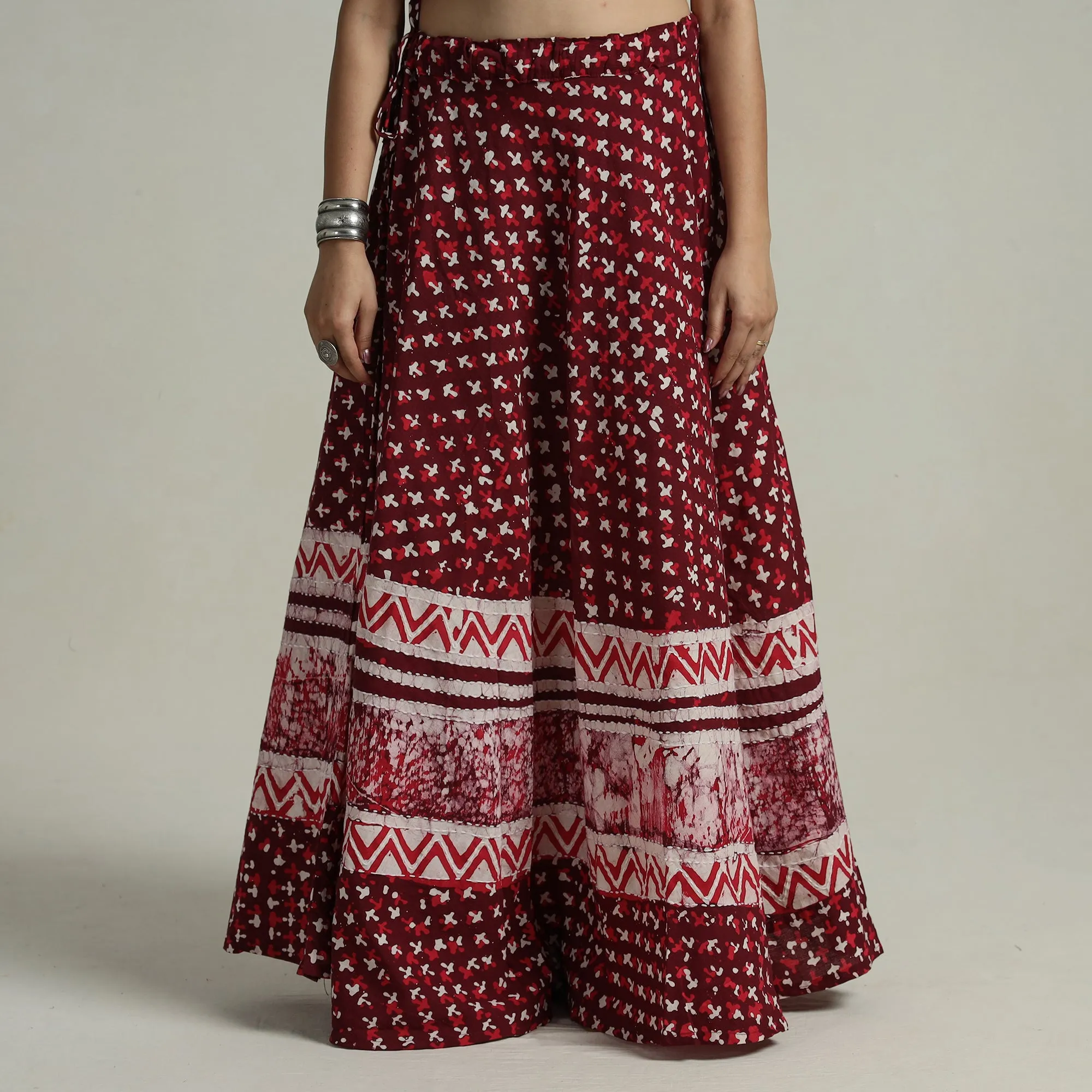 Maroon - Hand Batik Printed Running Stitch Cotton Long Skirt 90