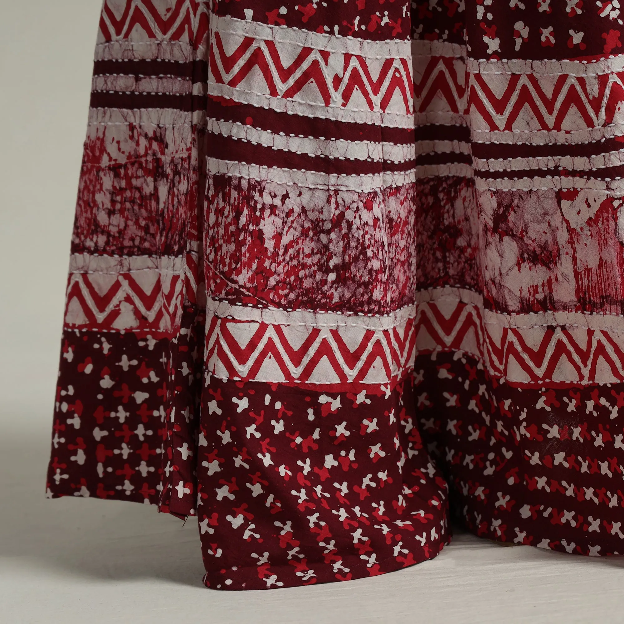 Maroon - Hand Batik Printed Running Stitch Cotton Long Skirt 90