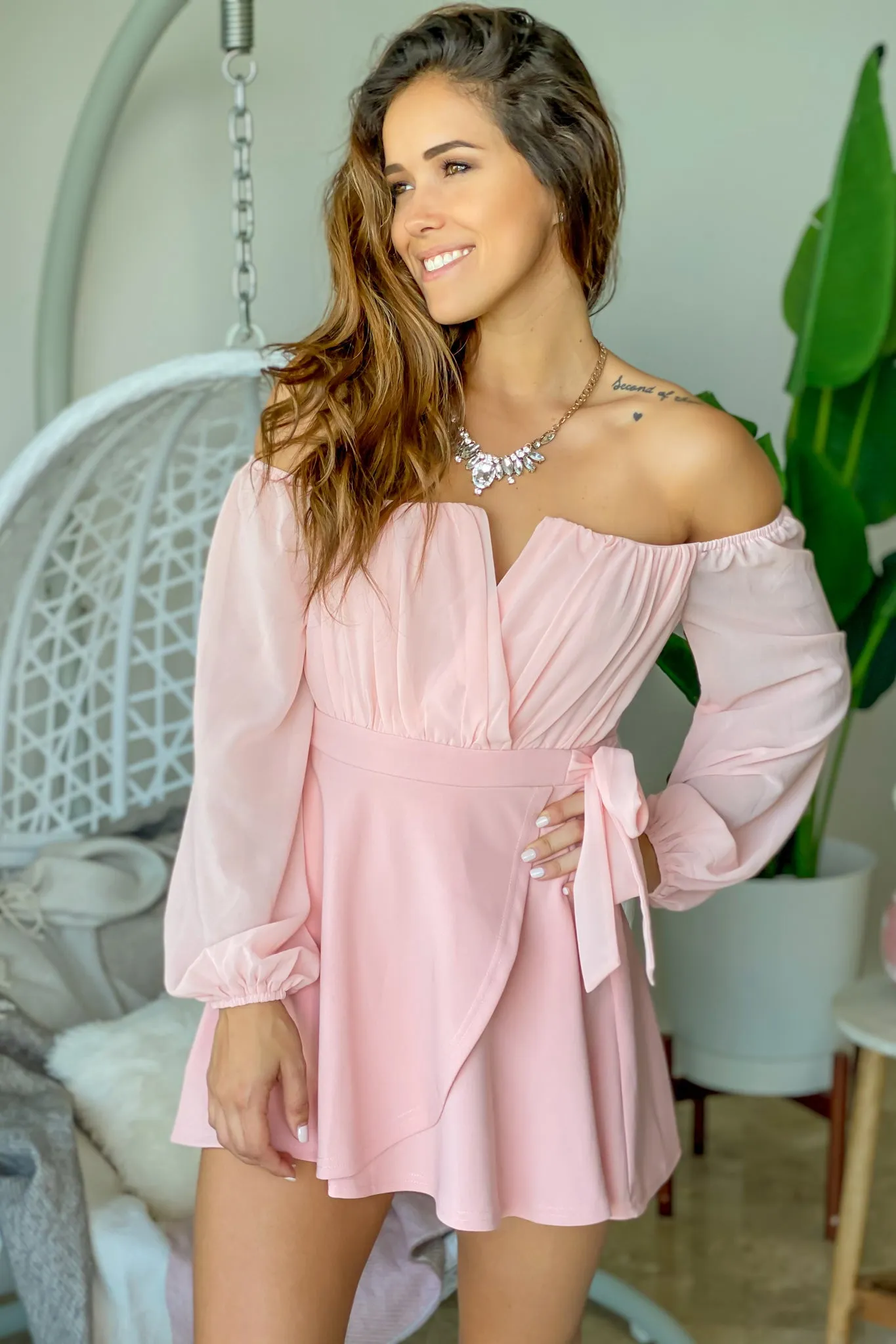 Mauve Off Shoulder Short Dress with Long Sleeves