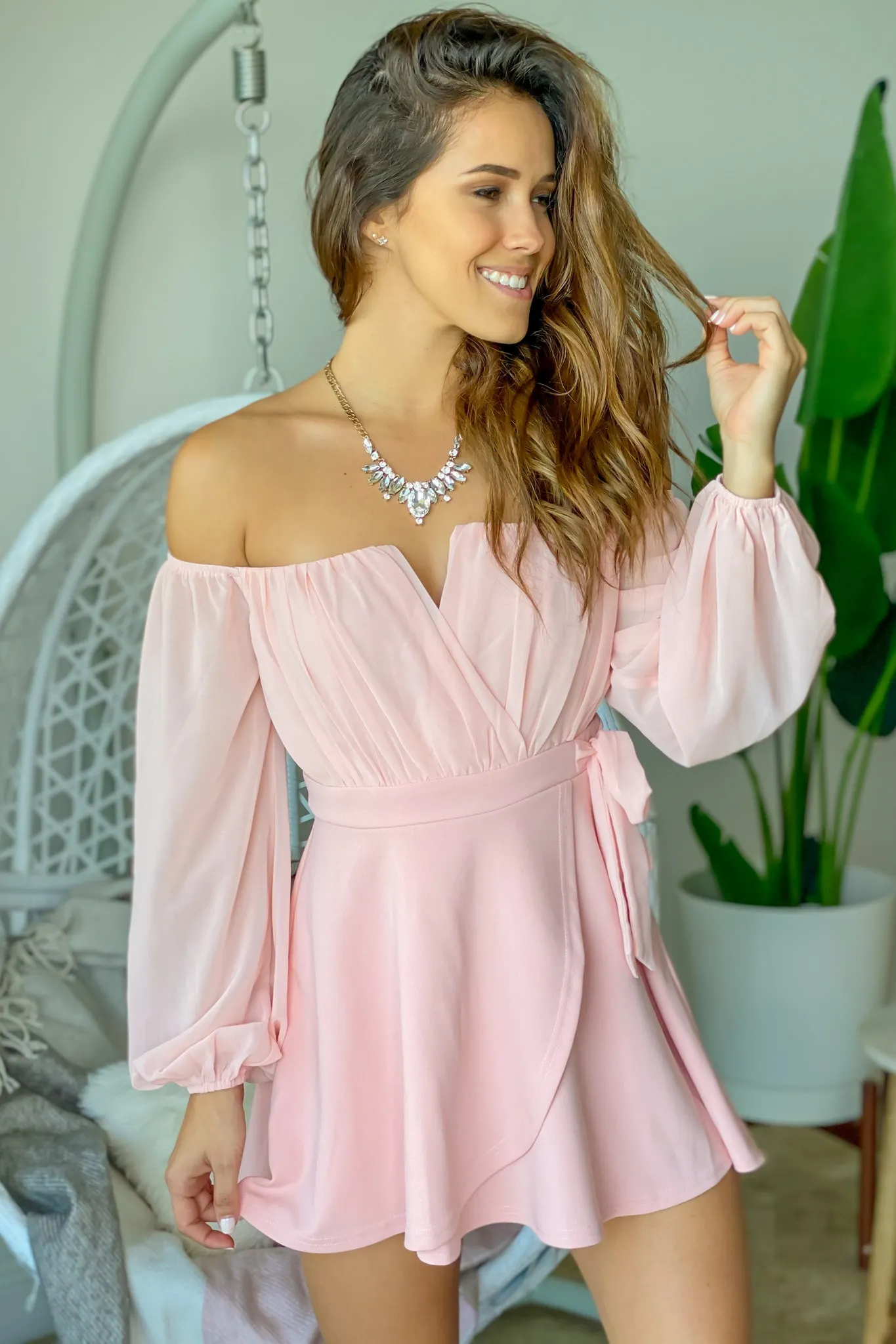 Mauve Off Shoulder Short Dress with Long Sleeves