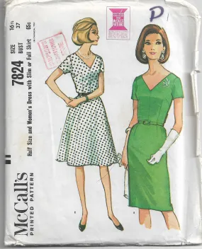 McCalls 7824 Ladies Half Size V Neck Dress Vintage Sewing Pattern 1960s