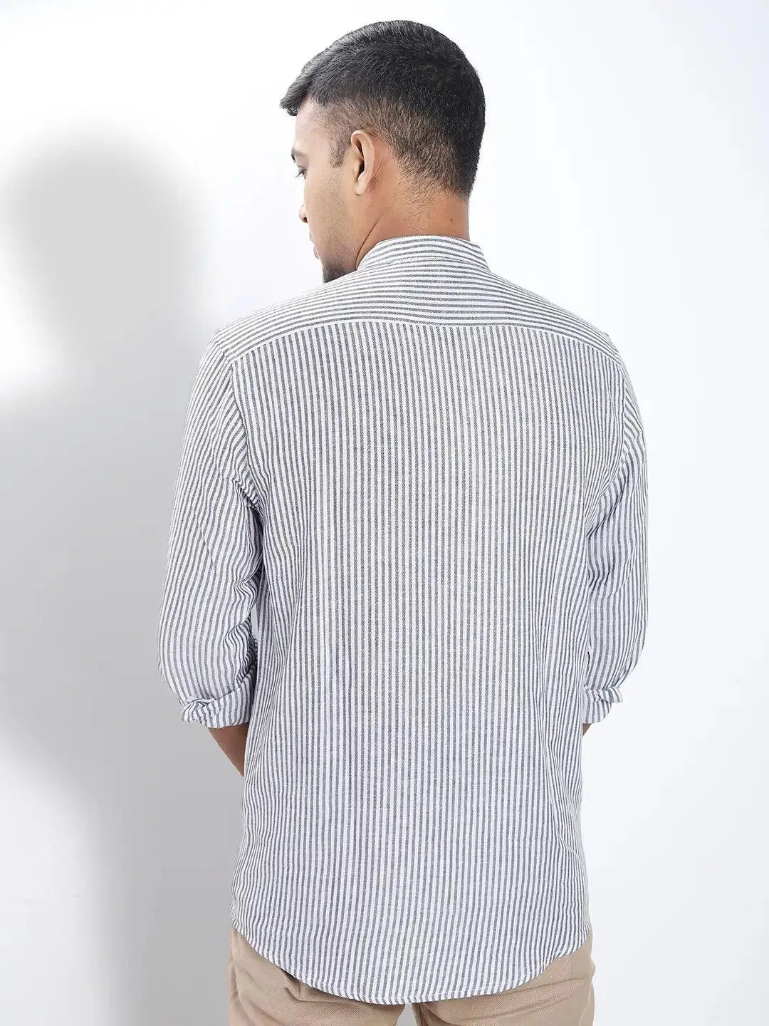 Men's Full Sleeve Casual Band Collar Shirt in Ash Stripe