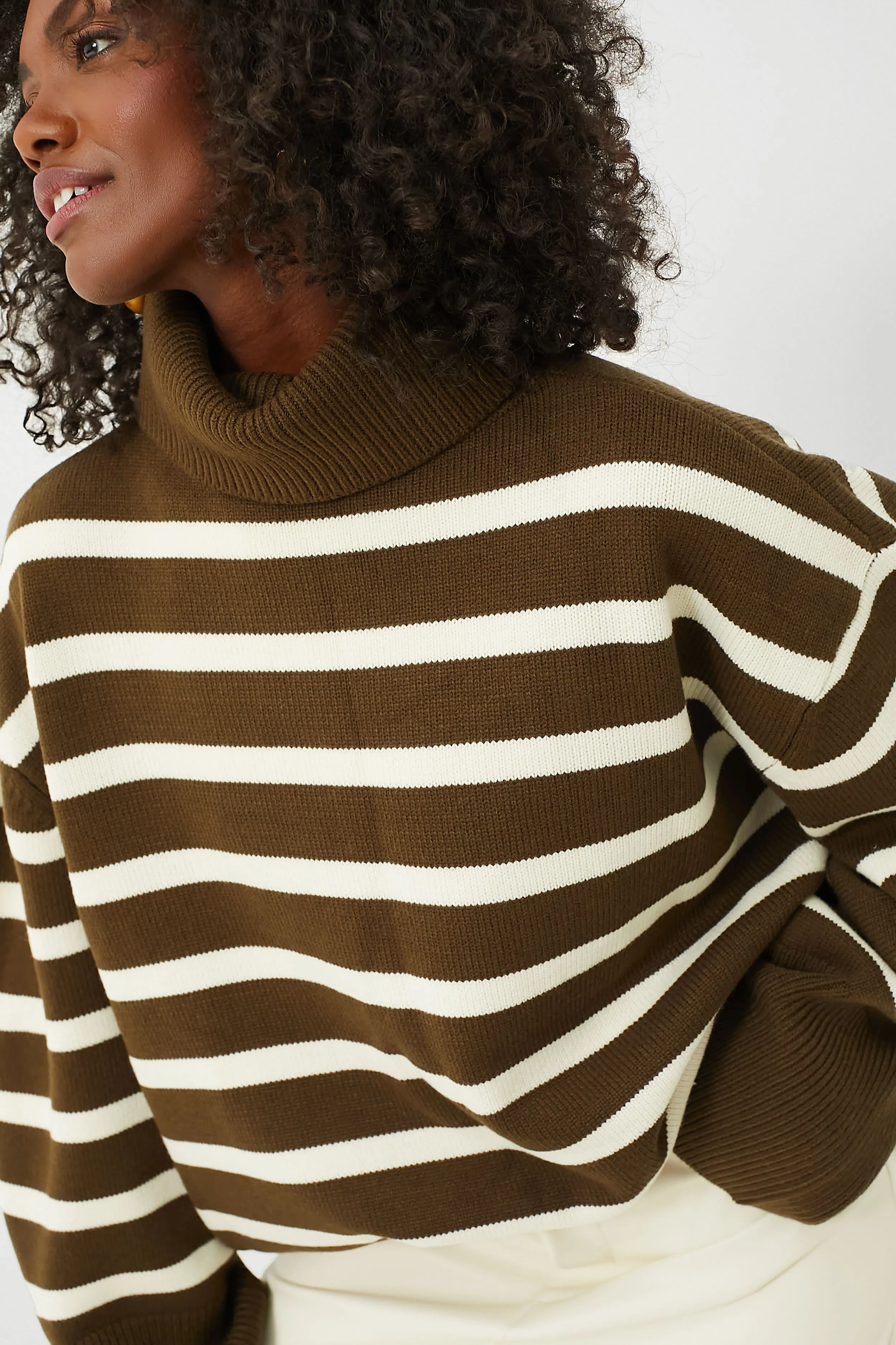 Military Olive and Ecru Striped Turtleneck Sweater