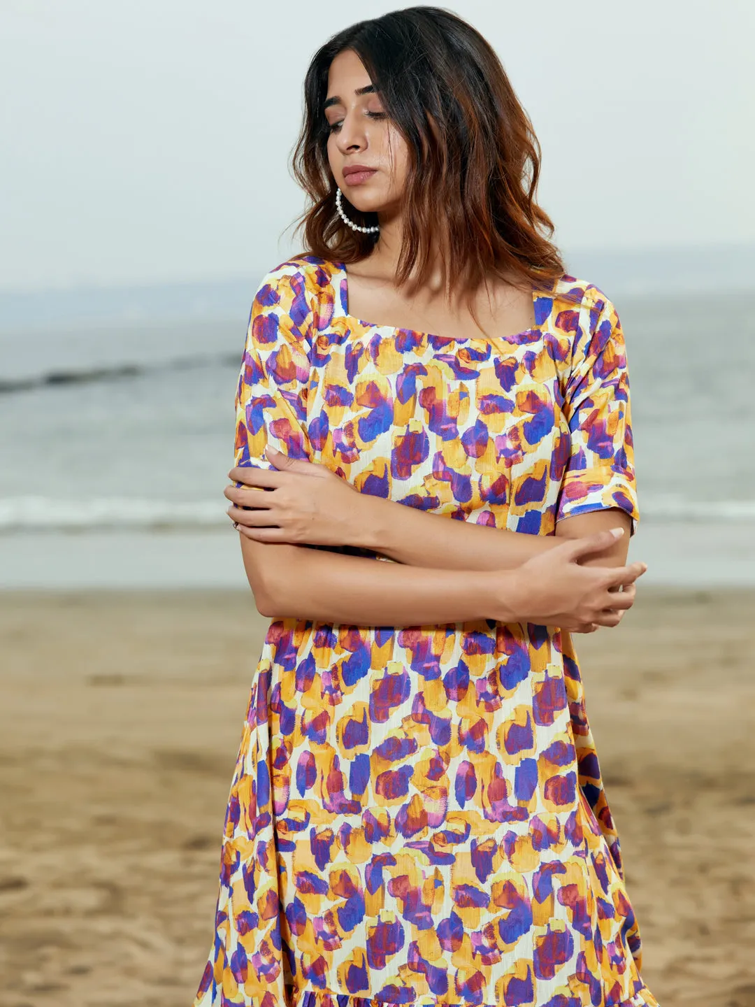 Multicolor Print Cotton Blend Flared Midi Dress