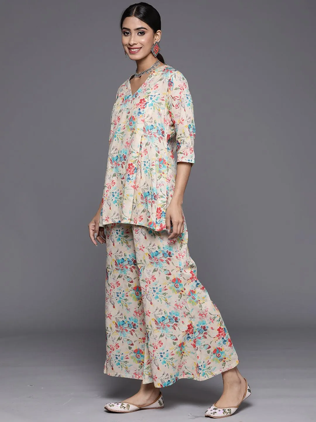 Multicoloured Printed Cotton A-Line Tunic With Palazzos