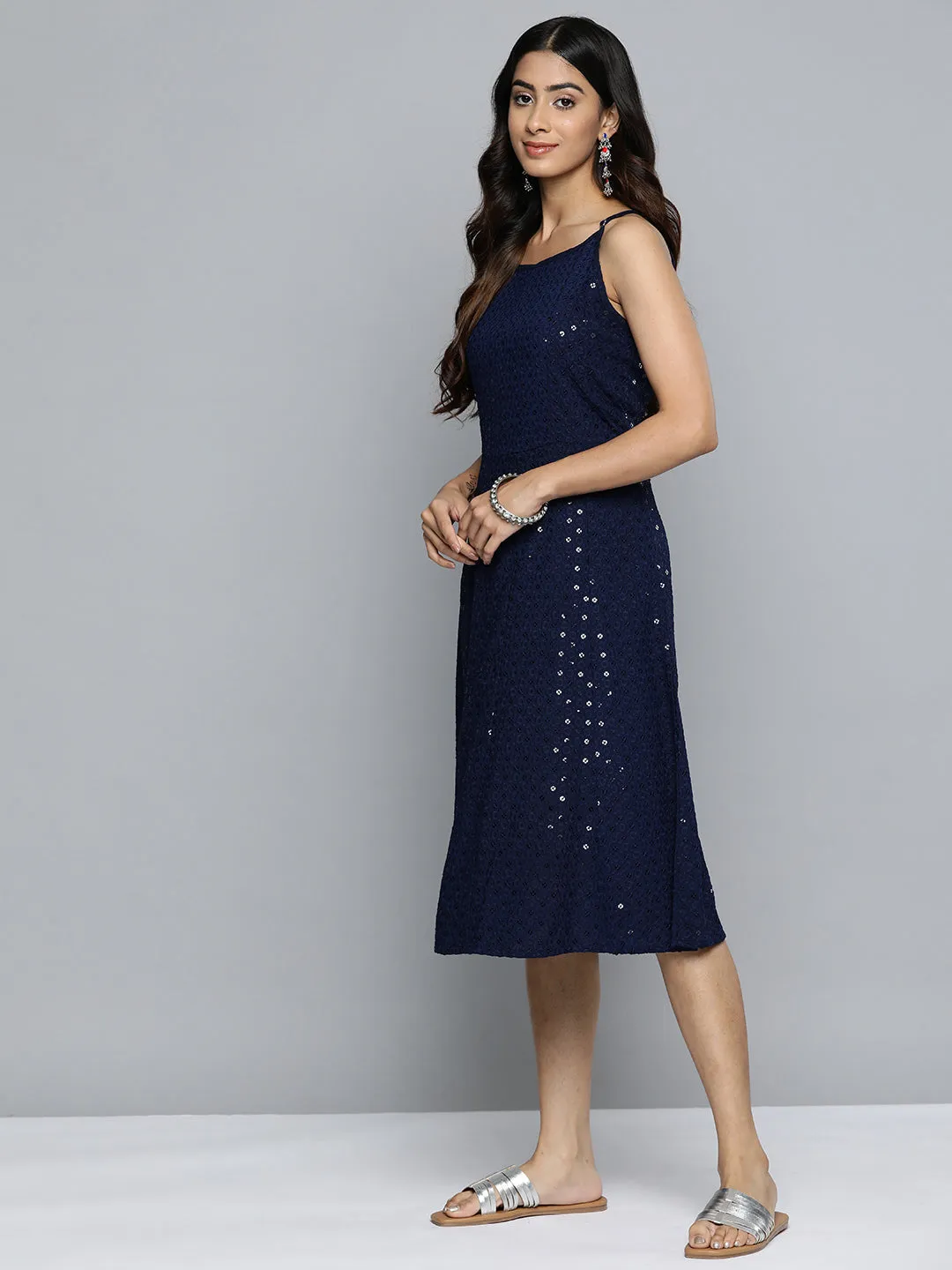 Navy Floral Sequin Embroidered A-Line Midi Dress