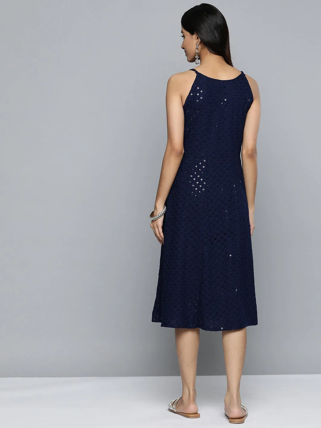 Navy Floral Sequin Embroidered A-Line Midi Dress