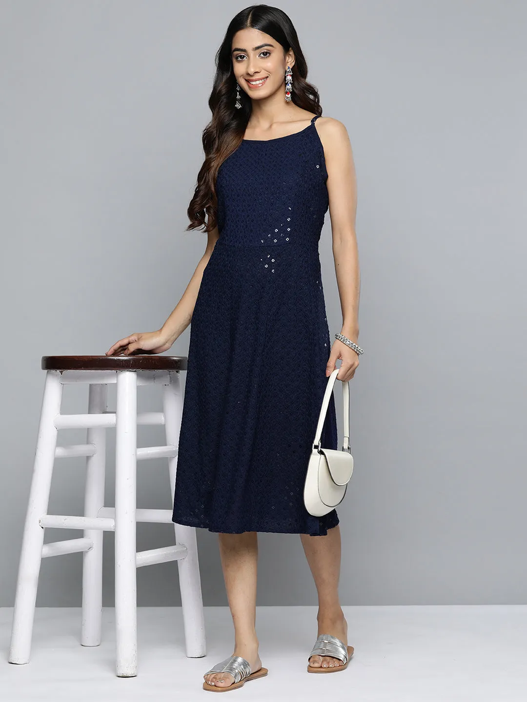 Navy Floral Sequin Embroidered A-Line Midi Dress