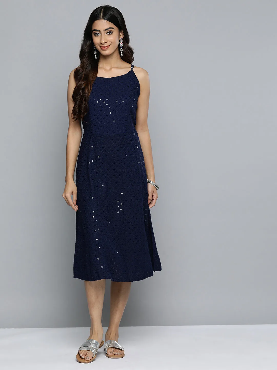 Navy Floral Sequin Embroidered A-Line Midi Dress