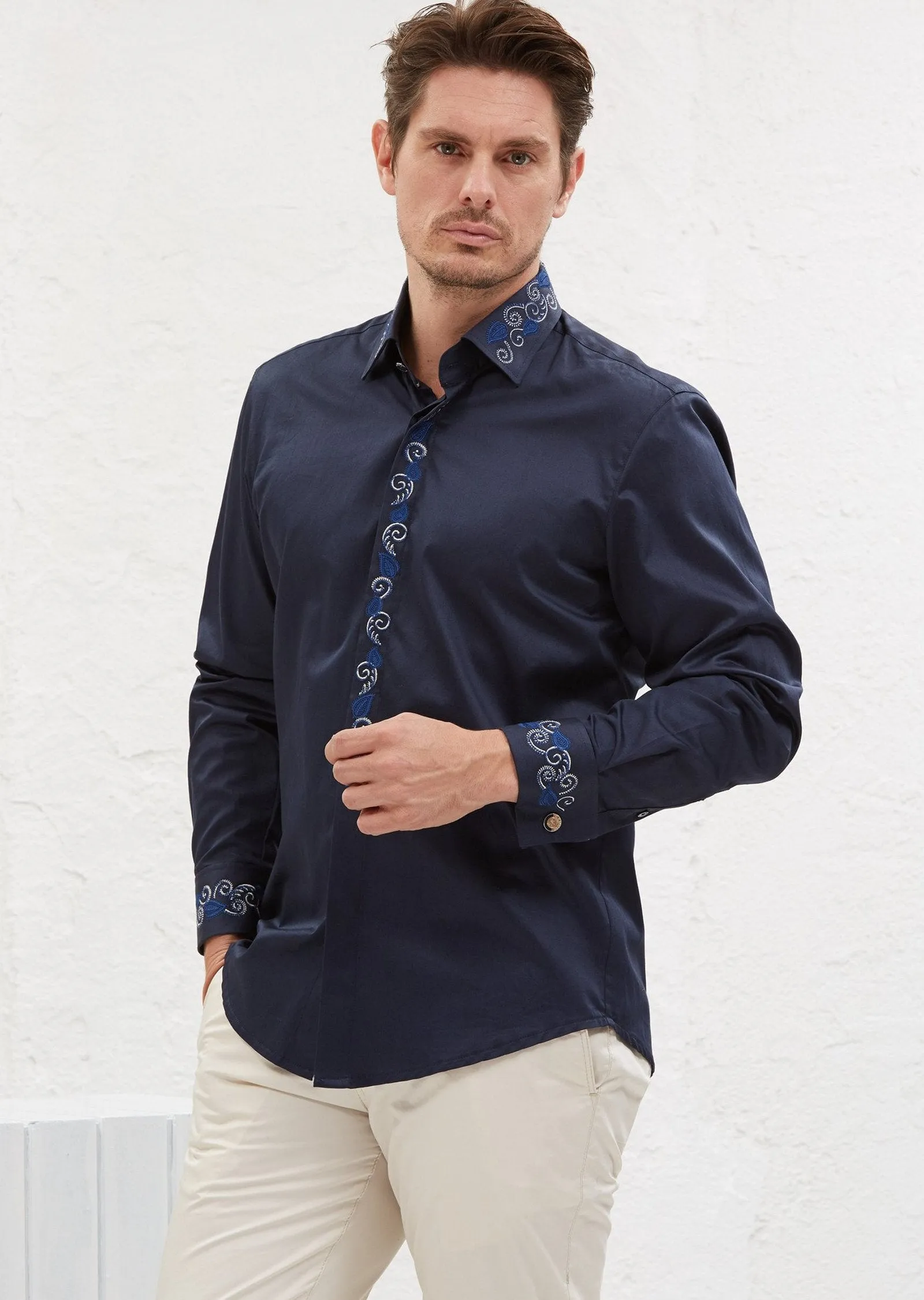 Navy Tuxedo Embroidery Shirt