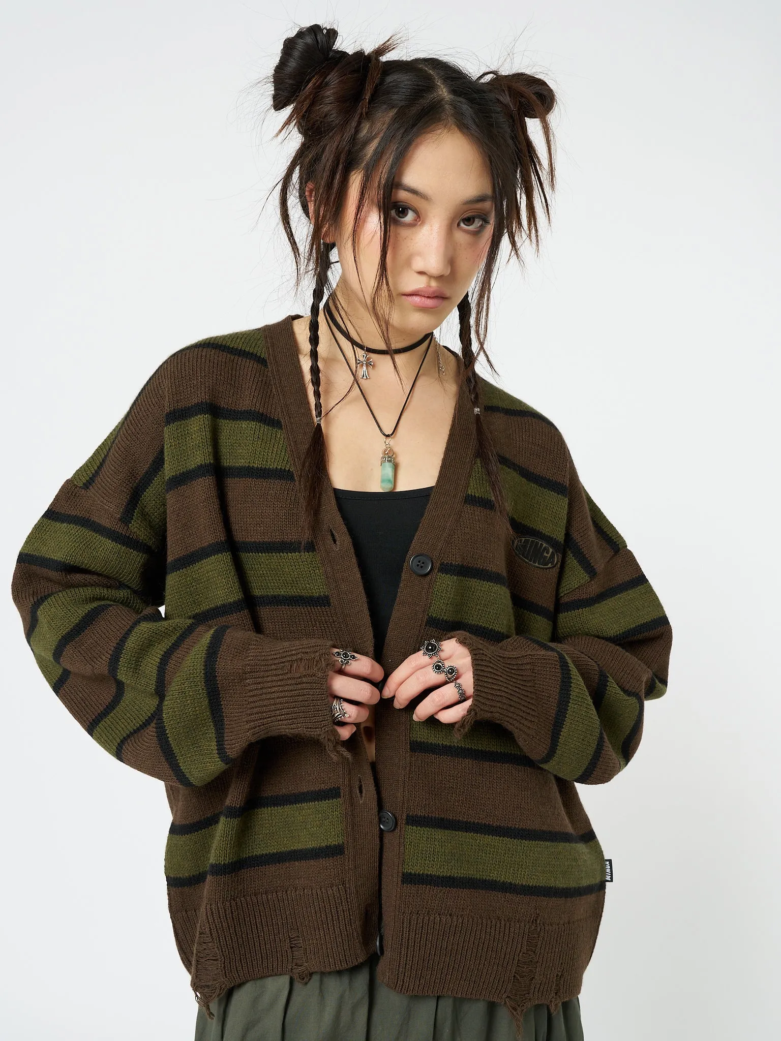 Neesa Brown & Green Stripe Knit Cardigan